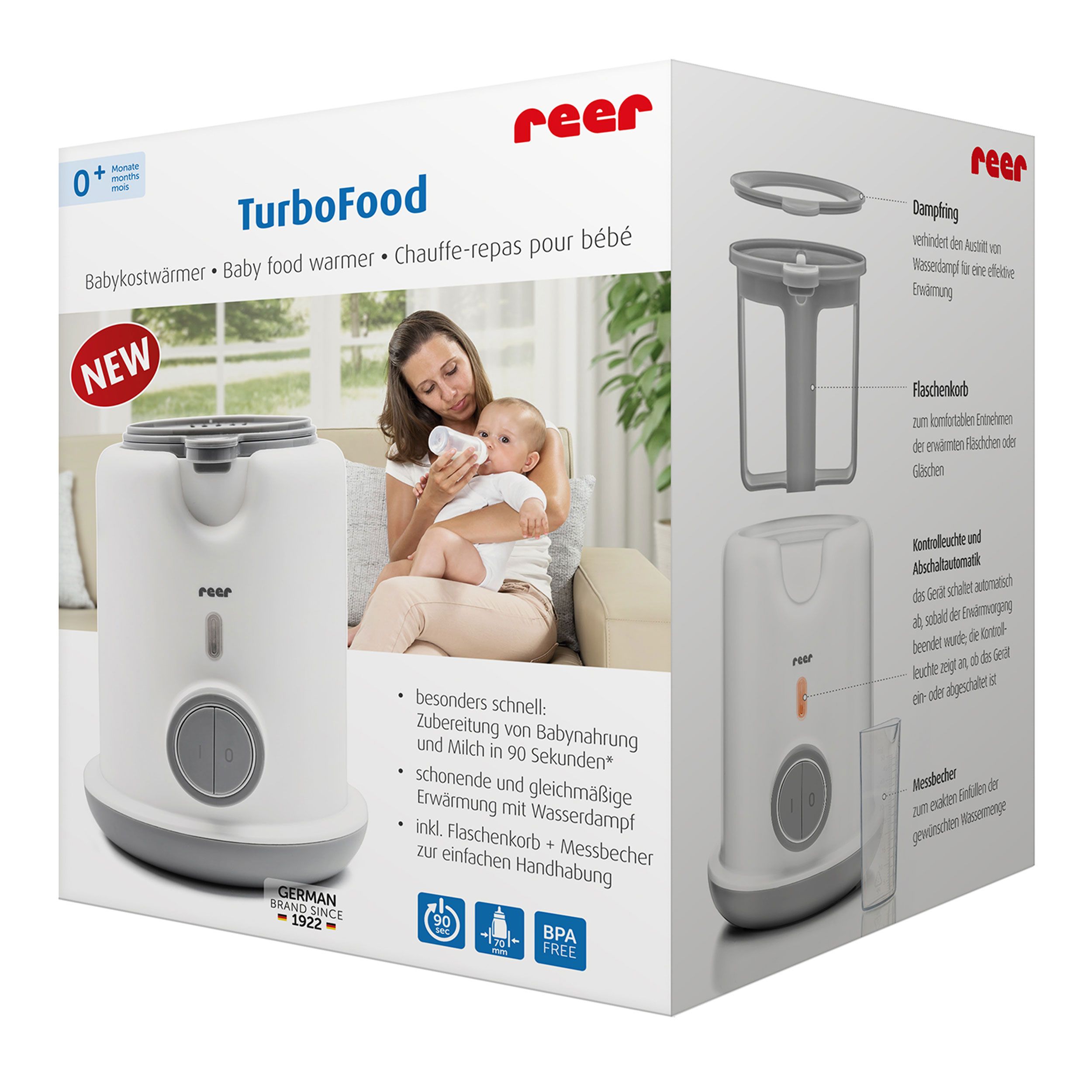 Babykostwärmer mit Verpackung. Weiß-grau, rund, mit Bedienknöpfen. Marke: reer. Text: TurboFood, Baby food warmer.