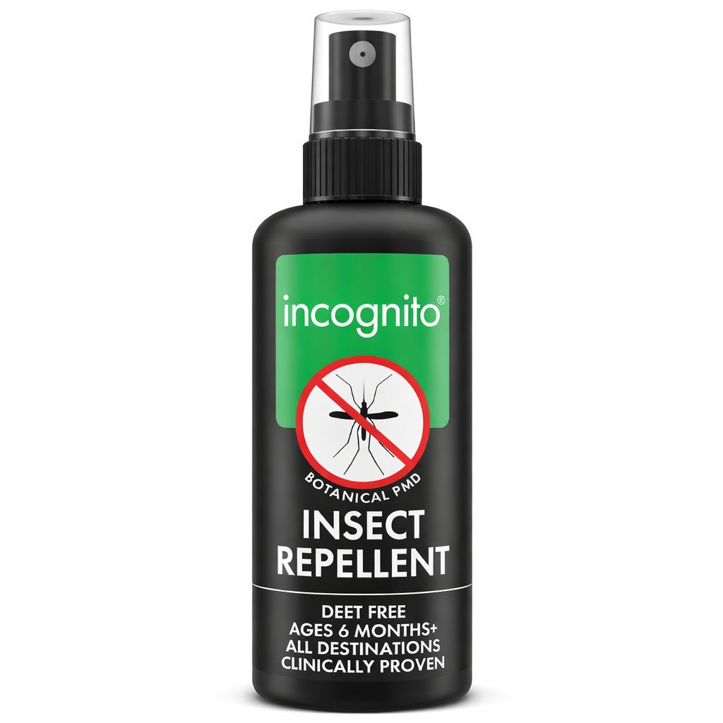 Schwarze Sprühflasche mit grünem Etikett. Text: Insektenschutzmittel, DEET-frei, für Kinder ab 6 Monaten. Rotes Insekten-Symbol.