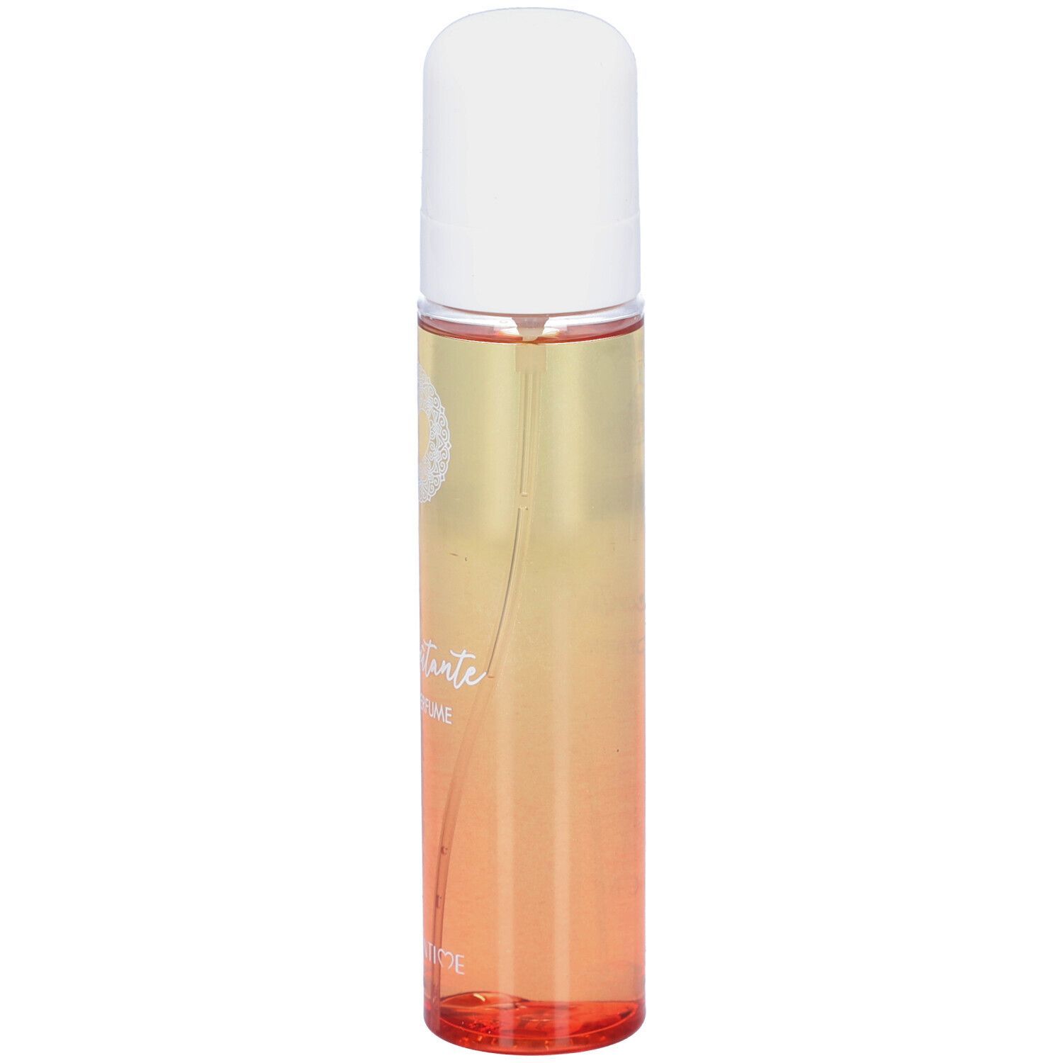 Körperparfum in einem zylindrischen Zerstäuber mit weißem Verschluss. Farbverlauf von Gelb zu Orange.