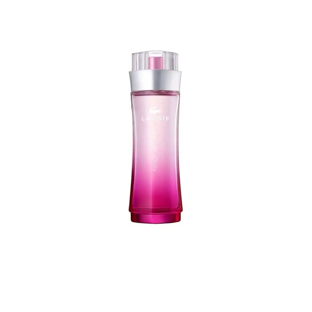 Schlanke, rosa-verlaufende Parfümflasche mit silbernem und klarem Deckel. Lacoste-Logo sichtbar.
