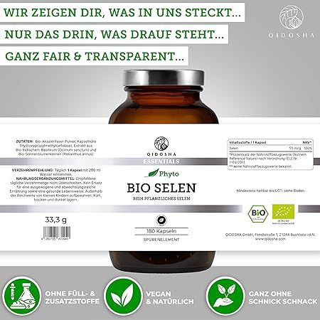 Produktflasche mit Etikett. Aufschrift: QIDOSHA Essentials, Phyto Bio Selen, 180 Kapseln. Bio-Siegel. Inhaltsangaben.