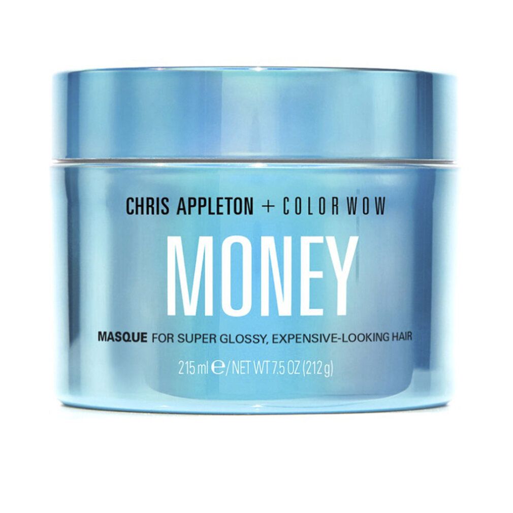 Blauer Tiegel mit "CHRIS APPLETON + COLOR WOW MONEY MASQUE"-Aufschrift. Text: "MASQUE FOR SUPER GLOSSY, EXPENSIVE-LOOKING HAIR".