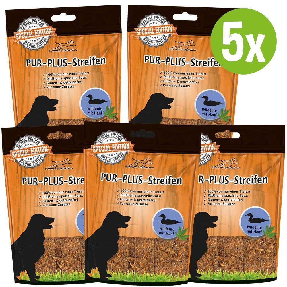 Fünf Packungen PUR-PLUS-Streifen Wildente mit Hanf. Text: 100% von nur einer Tierart, PLUS eine spezielle Zutat, gluten- & getreidefrei, Pur ohne Zusätze. 5x-Label.