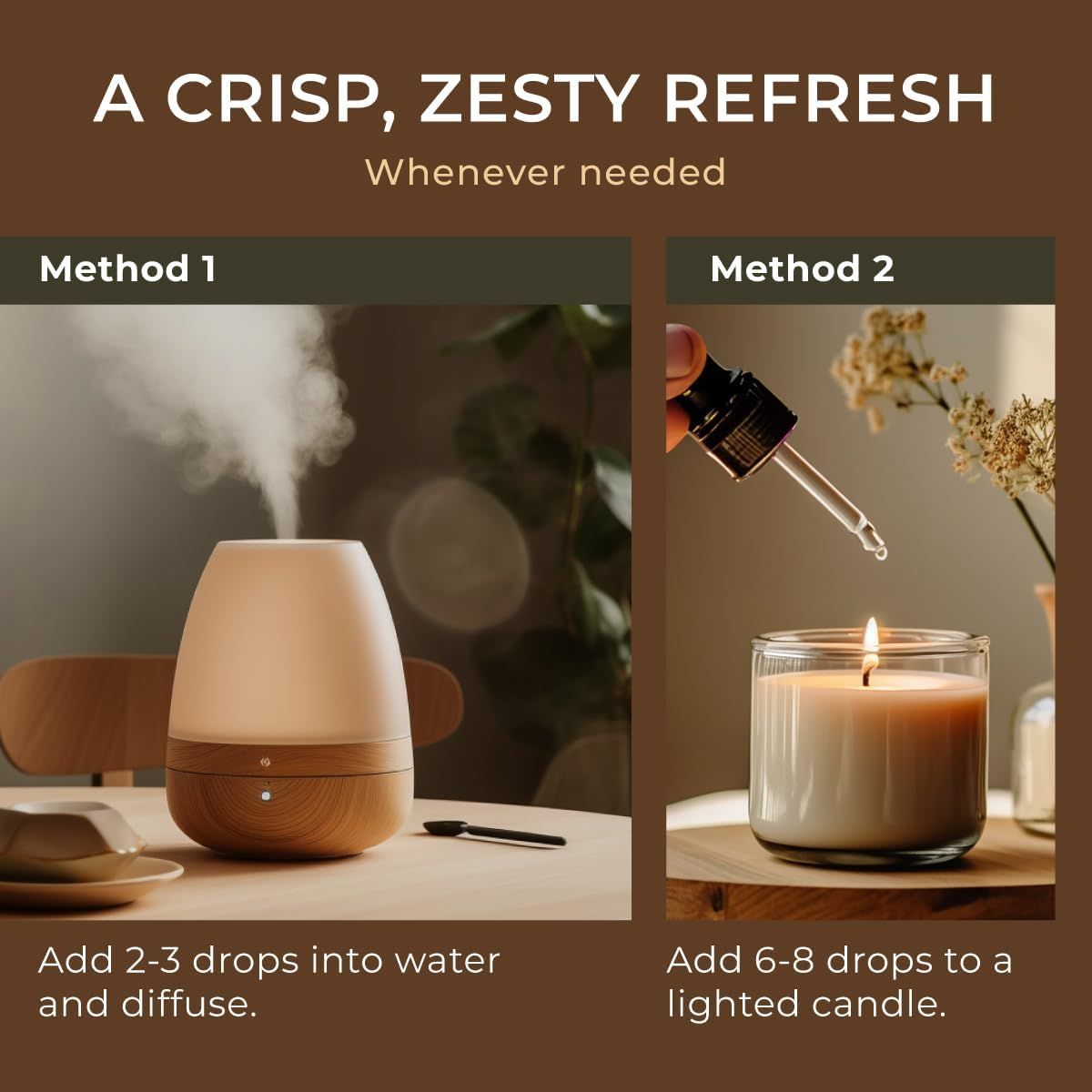 Diffusor und Kerze. Methode 1: 2-3 Tropfen ins Wasser. Methode 2: 6-8 Tropfen auf die Kerze. Text: "A CRISP, ZESTY REFRESH".