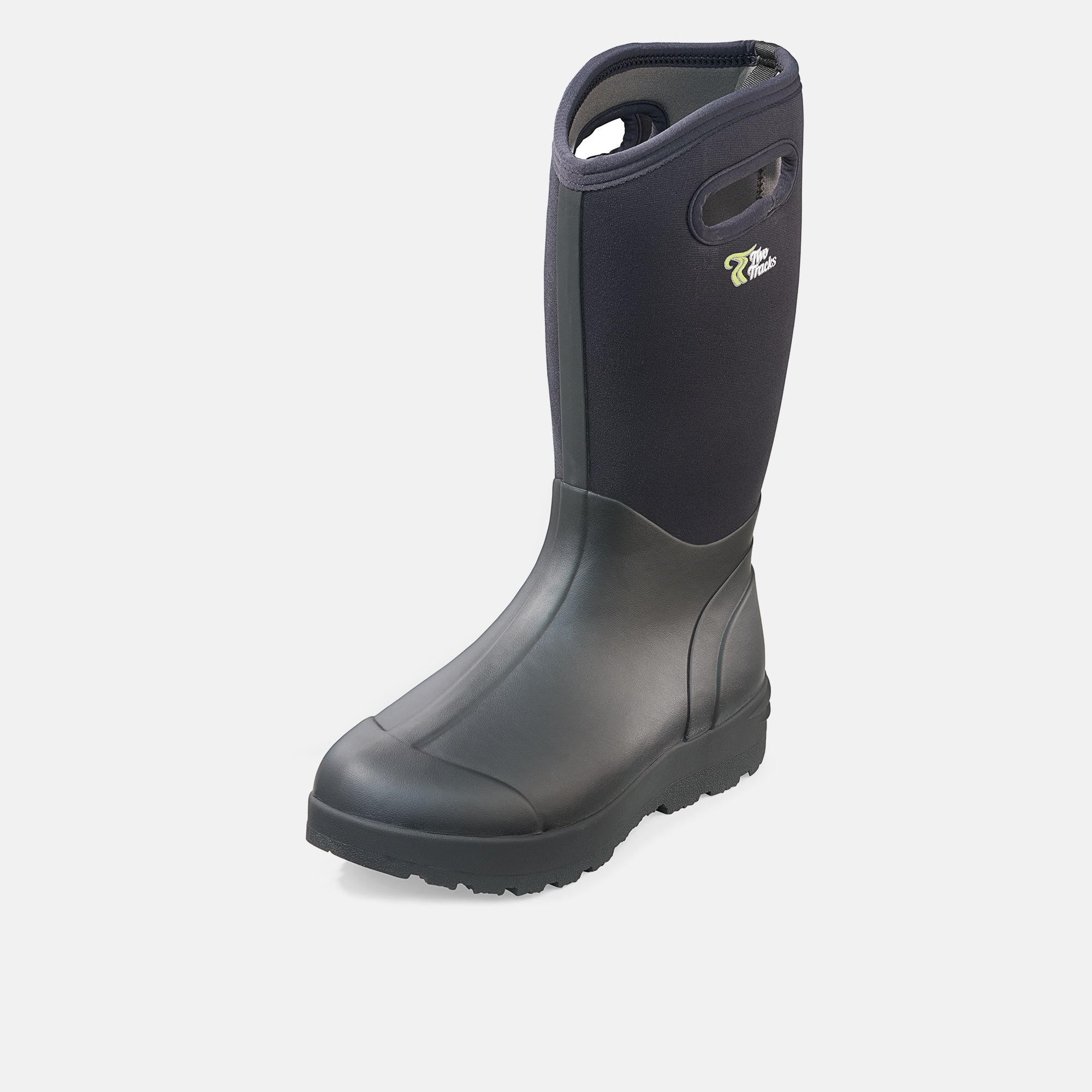 Schwarzer Stiefel mit breiter Passform. Hoher Schaft, Gummisohle, Griff an der Oberseite. Logo auf dem Schaft.