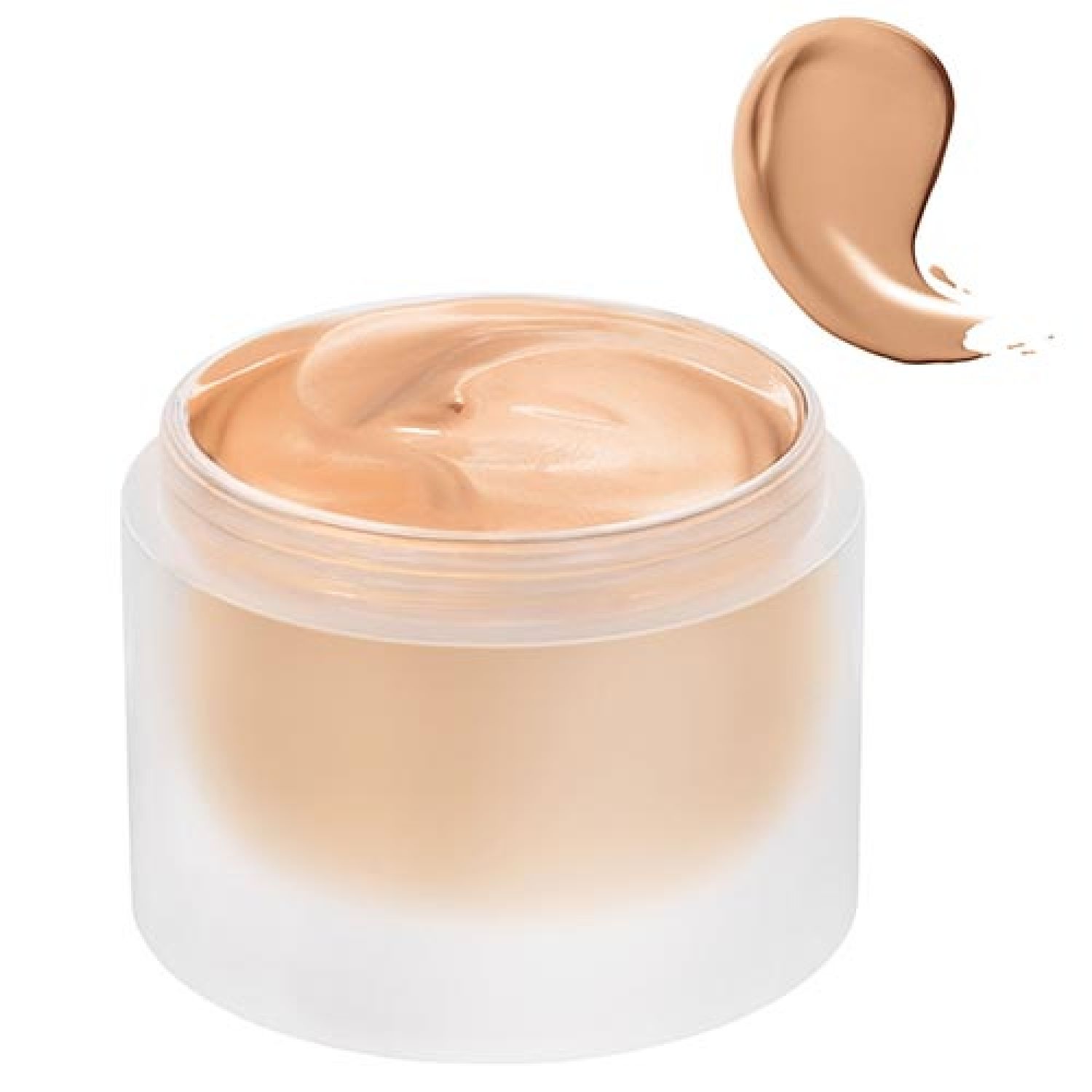 Beige Creme in einem Glas. Daneben ein Farbmuster. Deckel undurchsichtig.