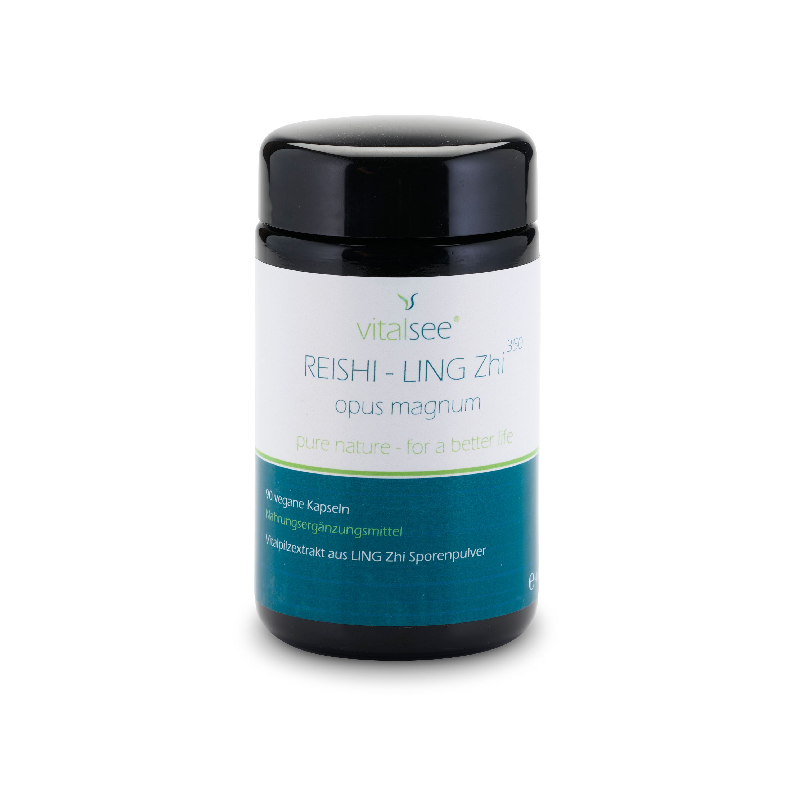 Schwarze Dose mit weißem Etikett. Text: Vitalsee, REISHI - LING ZHI opus magnum. Blaue und grüne Akzente. Schwarzer Deckel.