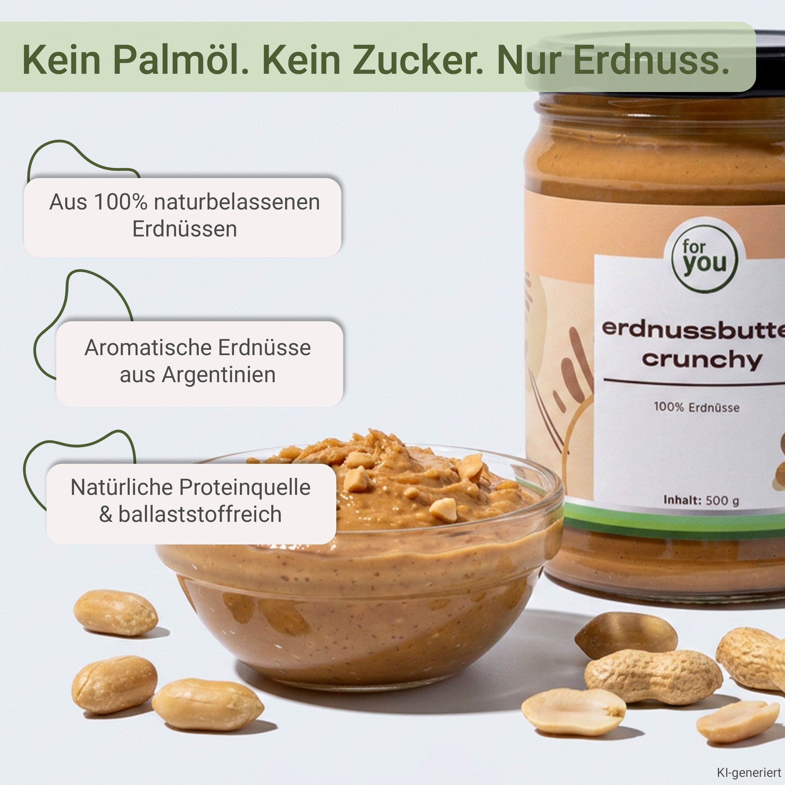 Glas Erdnussbutter crunchy, 500g, mit Schale Erdnüssen und Schüssel voller Erdnussbutter.