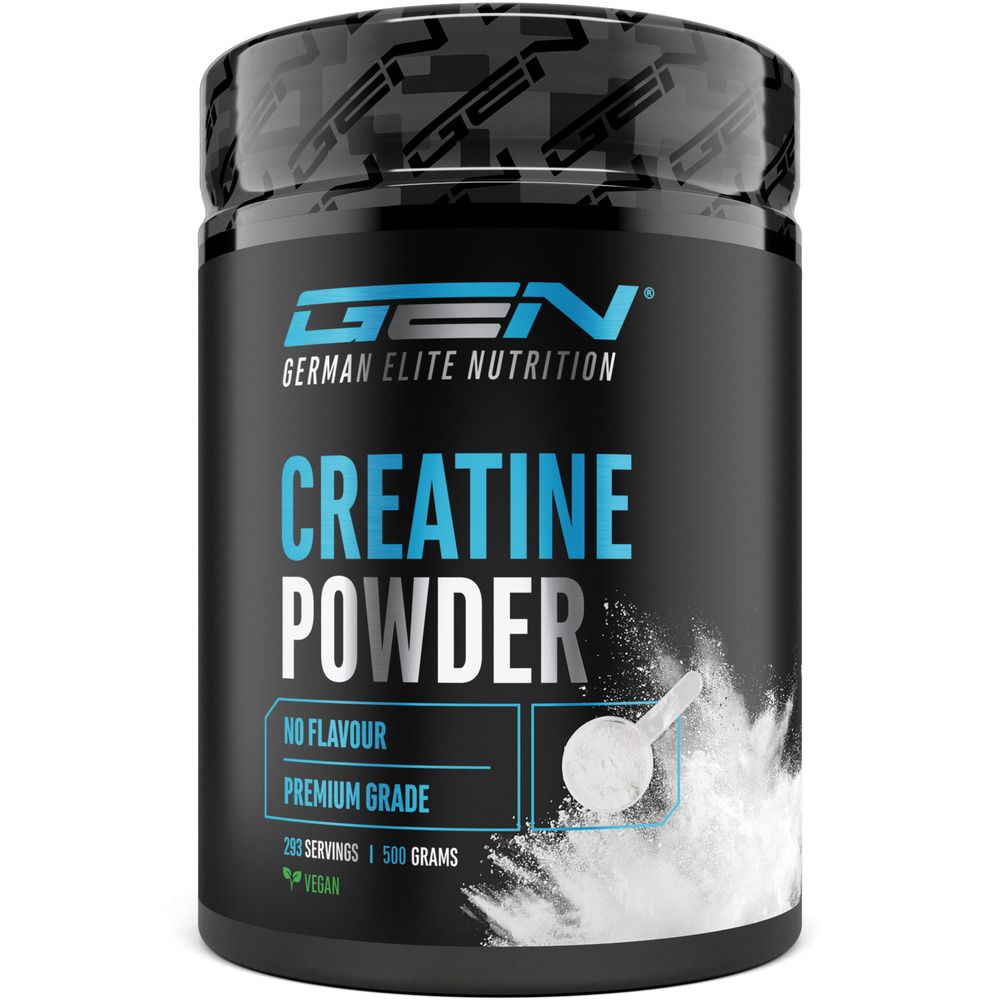 Dose Creatine Powder, schwarz mit blauem Schriftzug. Enthält 200 Portionen, 500 Gramm. Mit Messlöffel. Vegan.