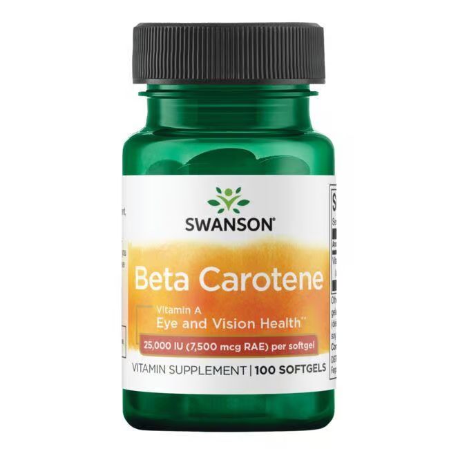 Grüne Flasche mit schwarzem Deckel. Aufschrift: SWANSON Beta Carotene, Vitamin A, 25.000 IU. Enthält 100 Softgels.