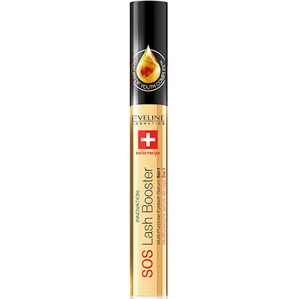 Goldene Tube mit schwarzem Deckel. Text: Eveline Cosmetics, SOS Lash Booster, Swiss Recipe, 5in1. Logo: Schweizer Kreuz.