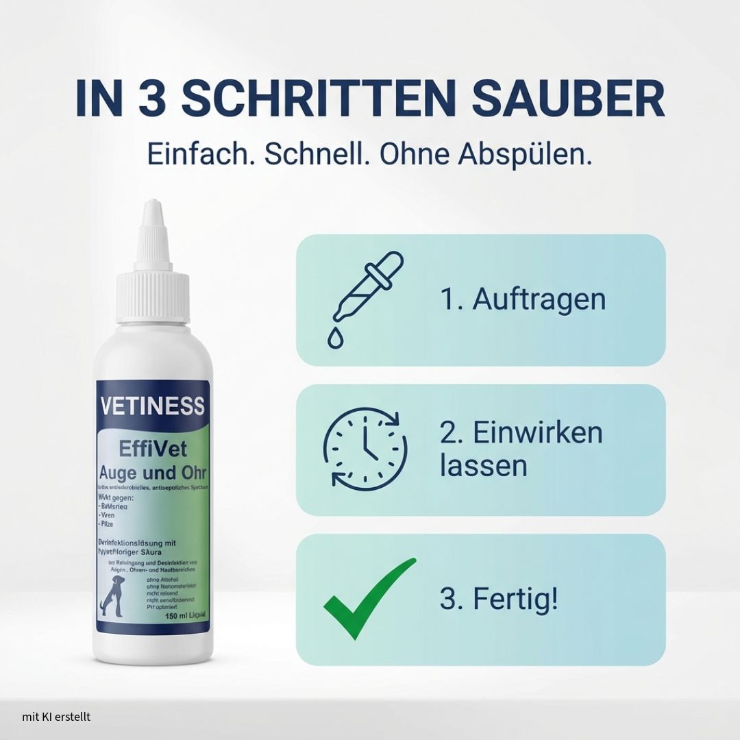 Weiße Flasche mit grünem Etikett. Text: Vetiness EffiVet Auge & Ohr. Anwendung in 3 Schritten: Auftragen, einwirken lassen, fertig.