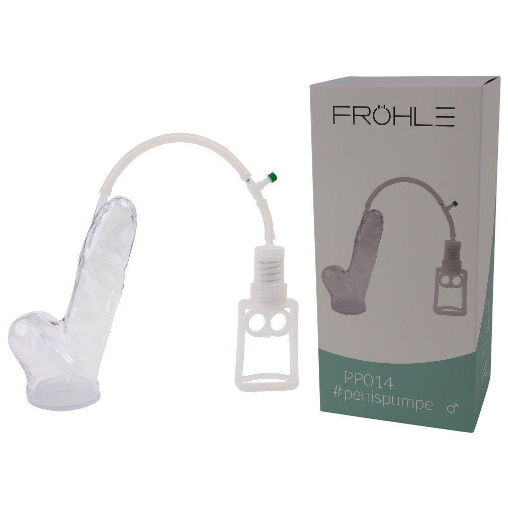 Produktverpackung und Penis-Pumpen-Set. Aufschrift: FRÖHLE, PP014 #penispumpe ♂. Pumpe transparent, Pumpelement weiß.