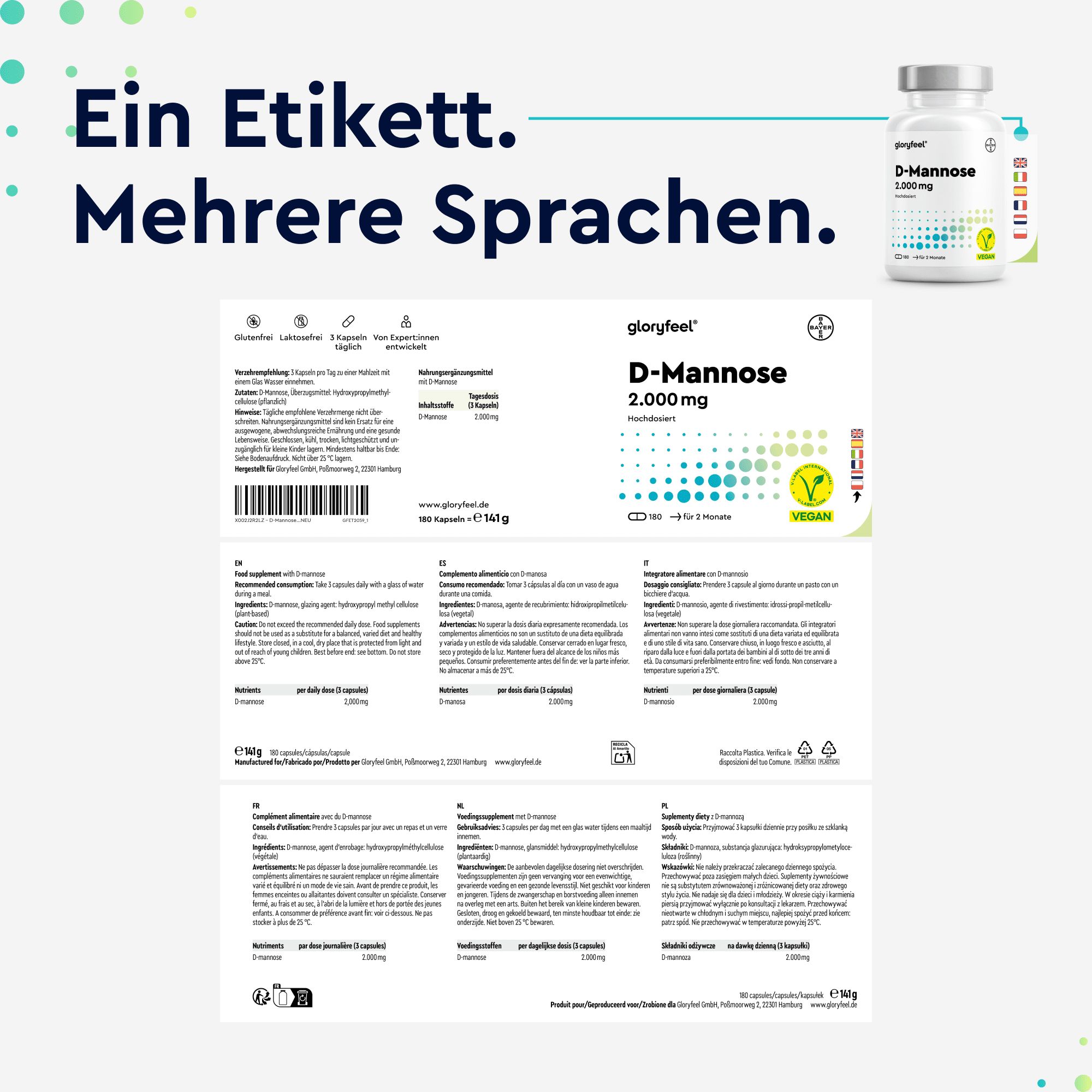Etikett mit Informationen in verschiedenen Sprachen. Weißes Pillenglas mit D-Mannose 2.000 mg.