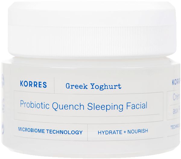 Weißes Tiegel mit Deckel. Aufschrift: Probiotic Quench Sleeping Facial. Marke: KORRES. Volumenangabe.