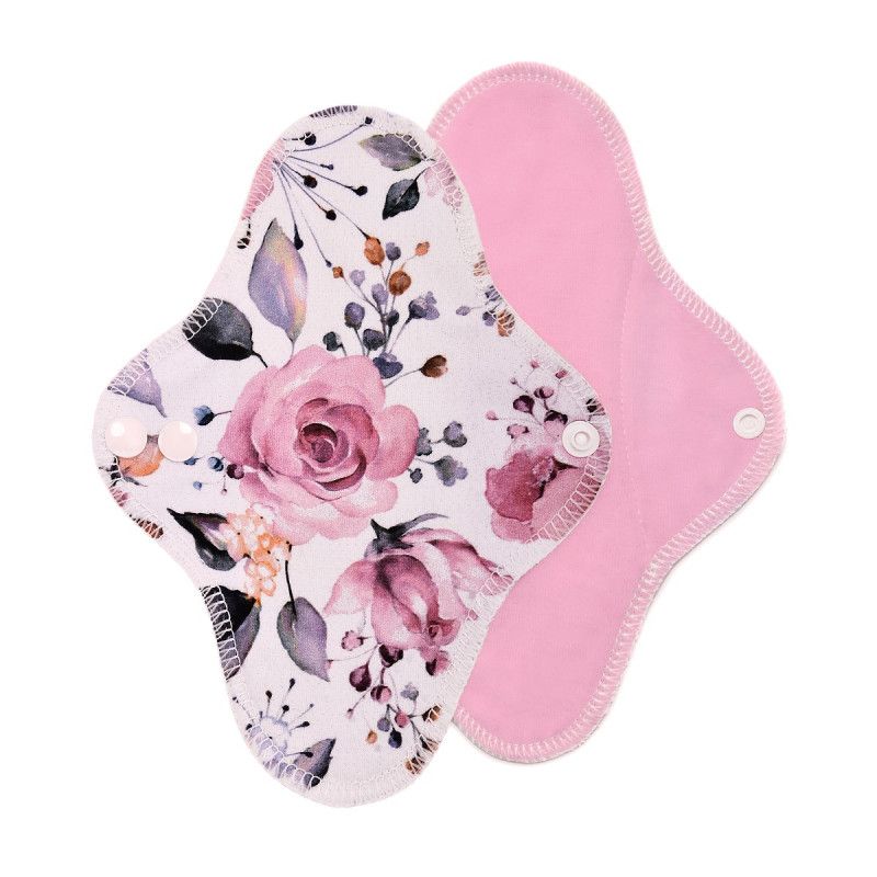 Zwei Stoffbinden. Eine mit Rosenmuster, die andere rosa. Beide haben Druckknöpfe.