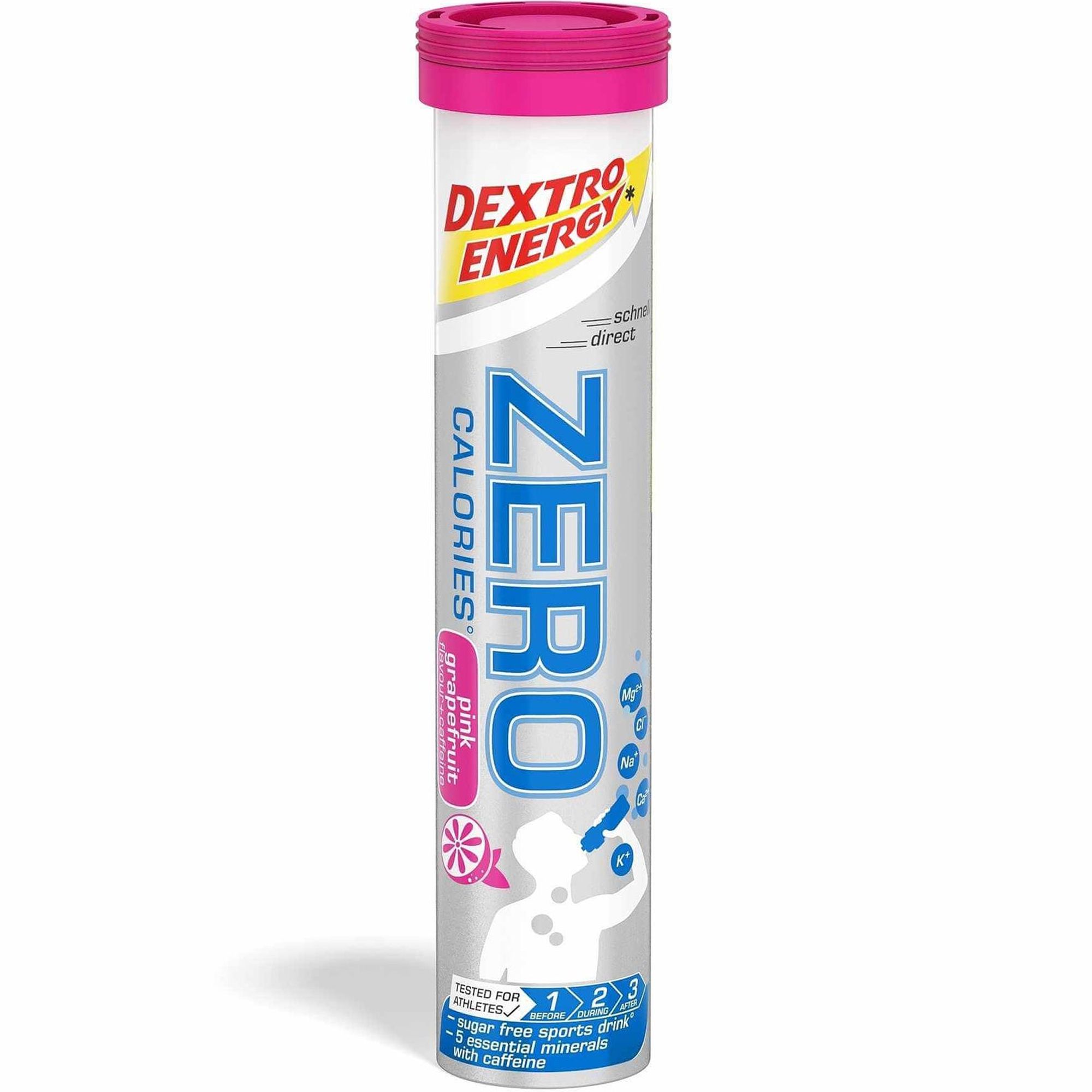 Zylindrische Dose mit rosa Deckel. Aufschrift: DEXTRO ENERGY, ZERO CALORIES, pink grapefruit. Enthält Mineralien und Koffein.