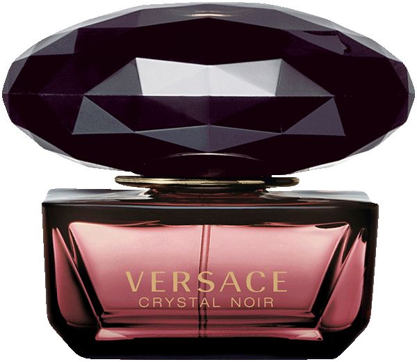 Dunkelroter Flakon mit facettiertem Deckel. Aufschrift: VERSACE CRYSTAL NOIR.