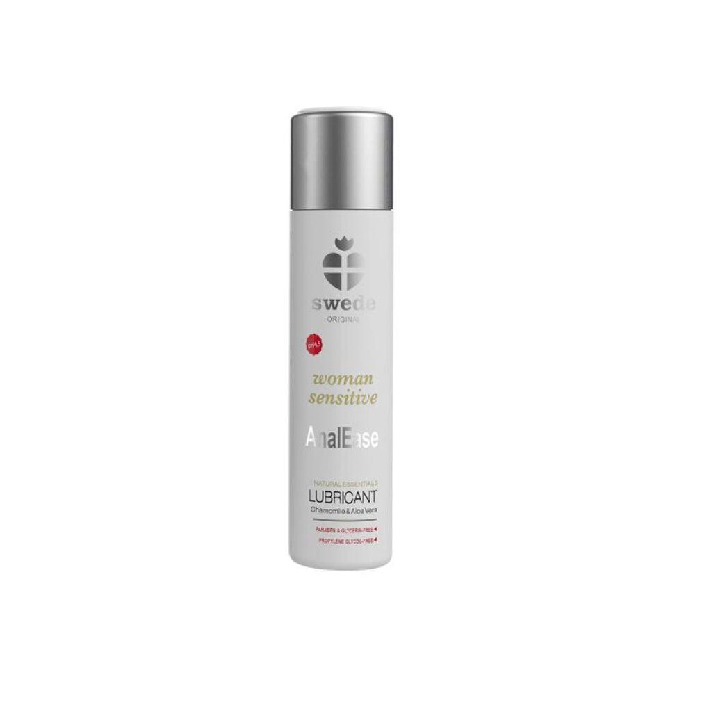 Swede Woman Sensitive AnalEase Gleitmittel Flasche mit silbernem Verschluss.