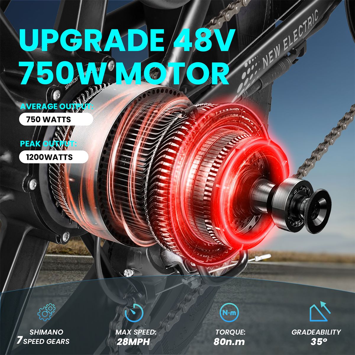 Nahaufnahme des Motors eines E-Bikes. Details zu Leistung und Getriebe. Shimano 7-Gang-Getriebe, max. Geschwindigkeit 28MPH.