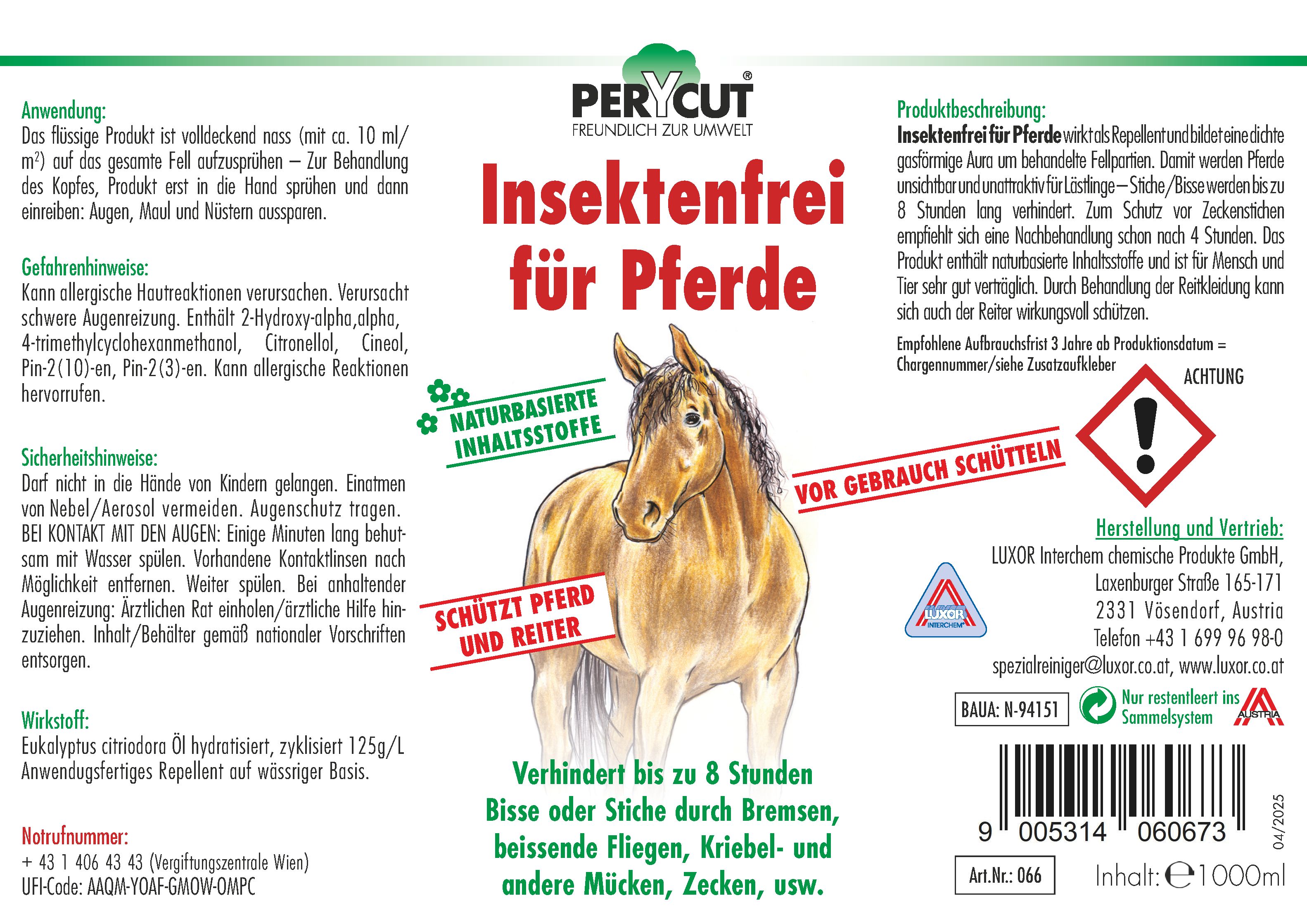 PERYCUT Insektenfrei für Pferde: Flasche mit Sprühkopf, 1000 ml. Enthält Abbildung eines Pferdes und Text zu Insektenschutz.