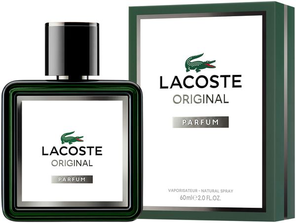 Parfumflakon und Verpackung. Flakon quadratisch, grün umrandet, weißes Etikett. Verpackung grün mit Logo und Schriftzug "ORIGINAL".