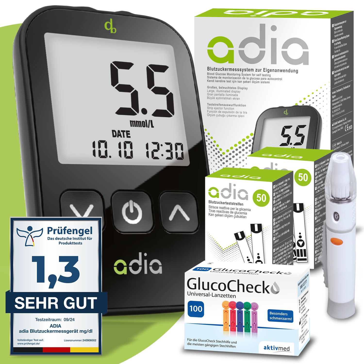 Blutzuckermessgerät-Set mit Teststreifen, Lanzetten, und Stechhilfe. Das Gerät zeigt 5,5 mmol/L an. Verpackung mit "adia" und "Glucocheck" Beschriftung.