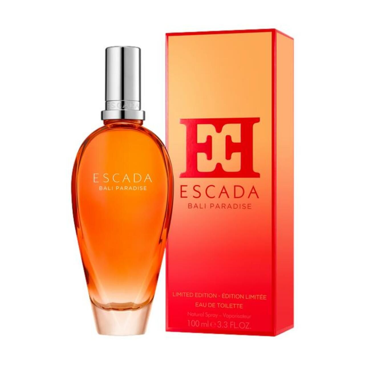 Orangefarbene Flasche und Verpackung. Aufschrift: ESCADA BALI PARADISE. Limited Edition.
