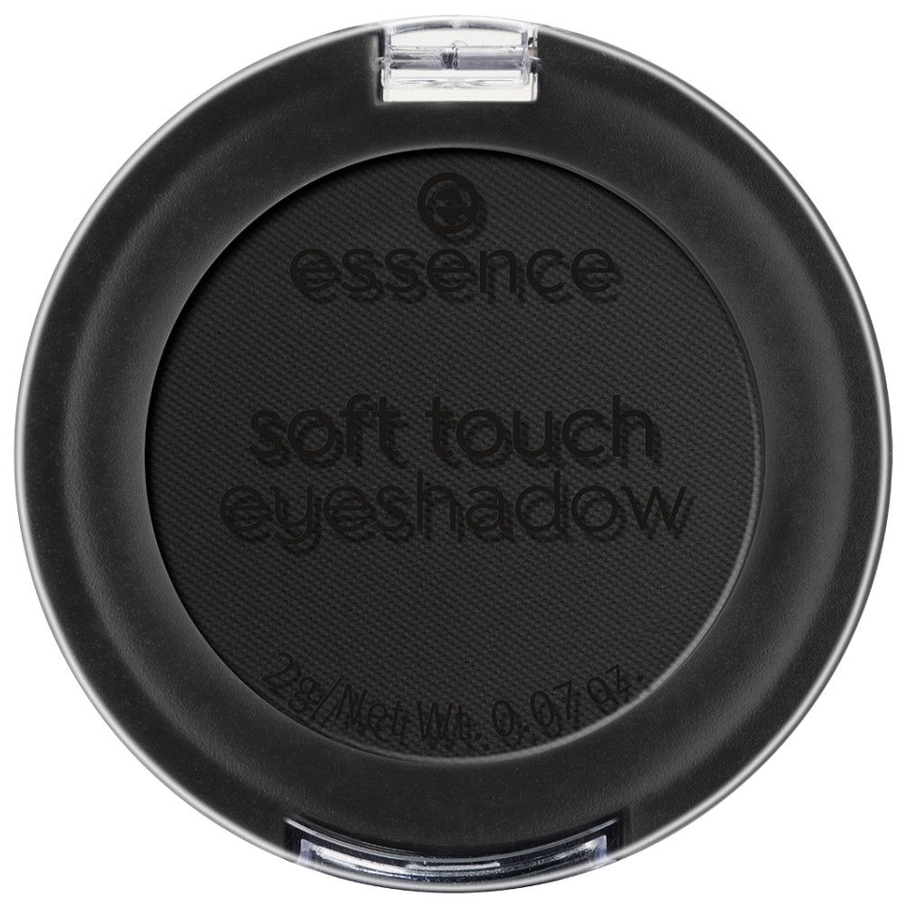 Runder, schwarzer Lidschatten in einer Dose. Auf dem Deckel steht "essence soft touch eyeshadow".