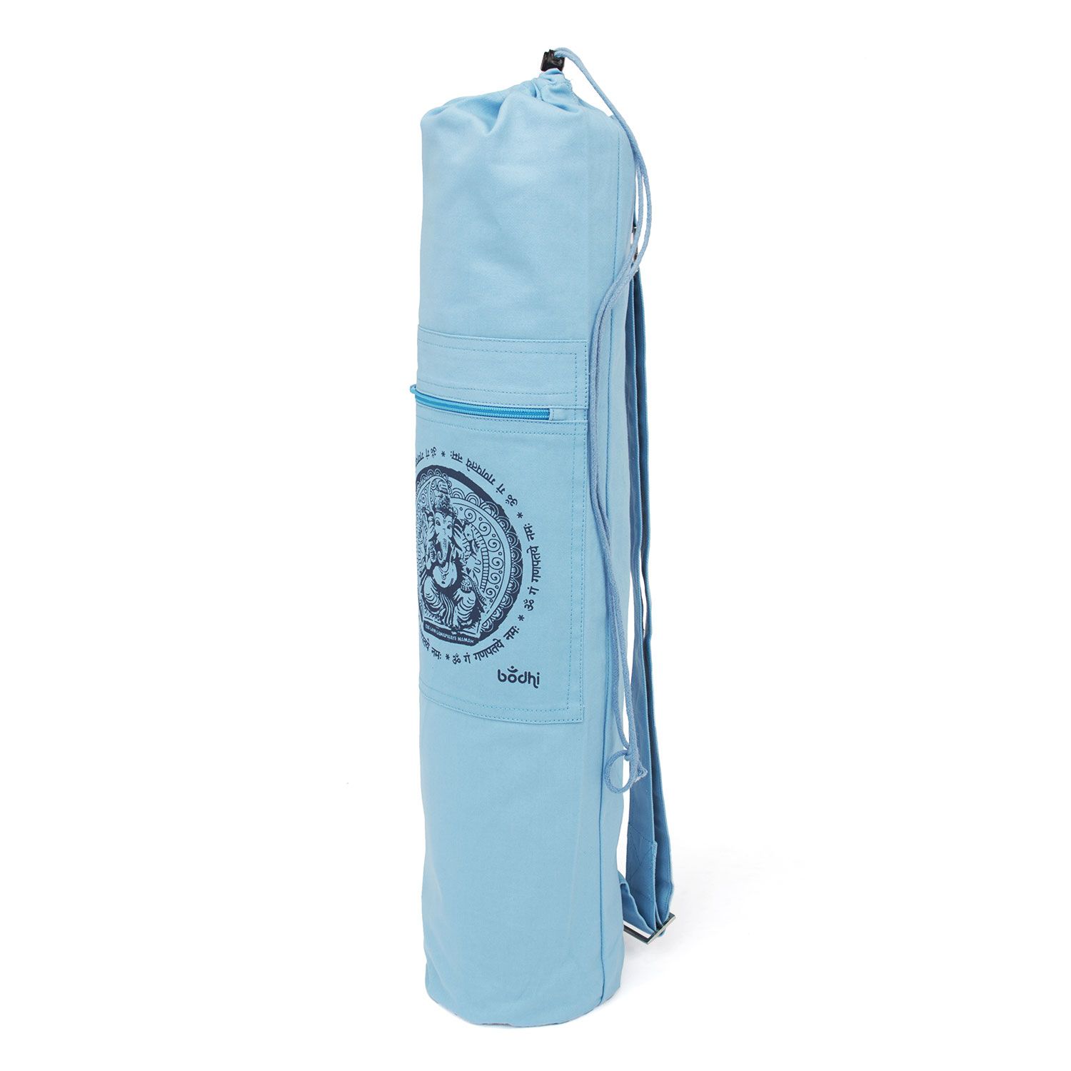 Hellblaue Yogatasche aus Baumwolle. Auf der Tasche ist ein Ganesh-Motiv abgebildet. Mit Schulterriemen und Reißverschluss.