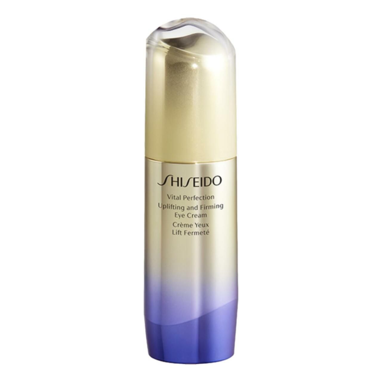 Shiseido Vital Perfection Augencreme. Gold-violette Flasche mit weißem Deckel. Produktname und Text auf der Vorderseite.
