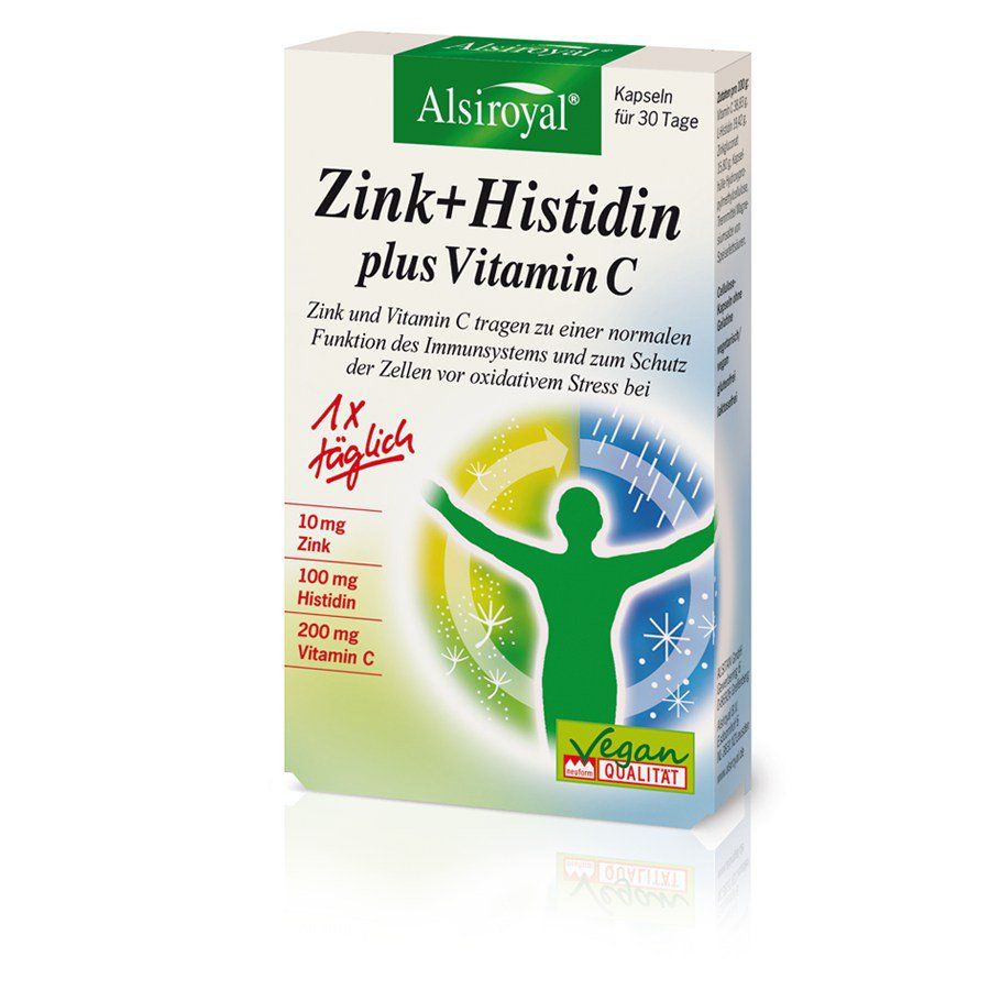 Weißer Karton mit "Alsiroyal Zink+Histidin plus Vitamin C". Enthält Kapseln. Vegan-Qualität. Text: "1x täglich", "10mg Zink", "100mg Histidin", "200mg Vitamin C".