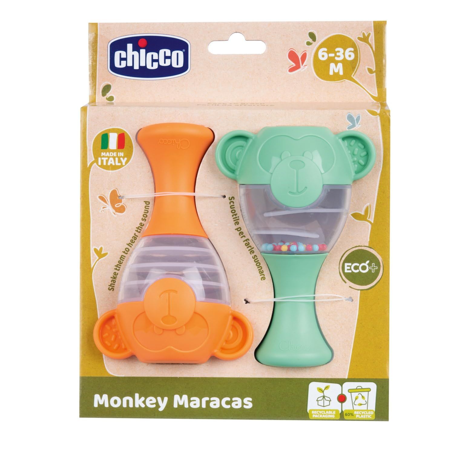 Verpackung der Chicco Affen-Maracas. Enthält eine grüne und eine orange Rassel. Made in Italy.
