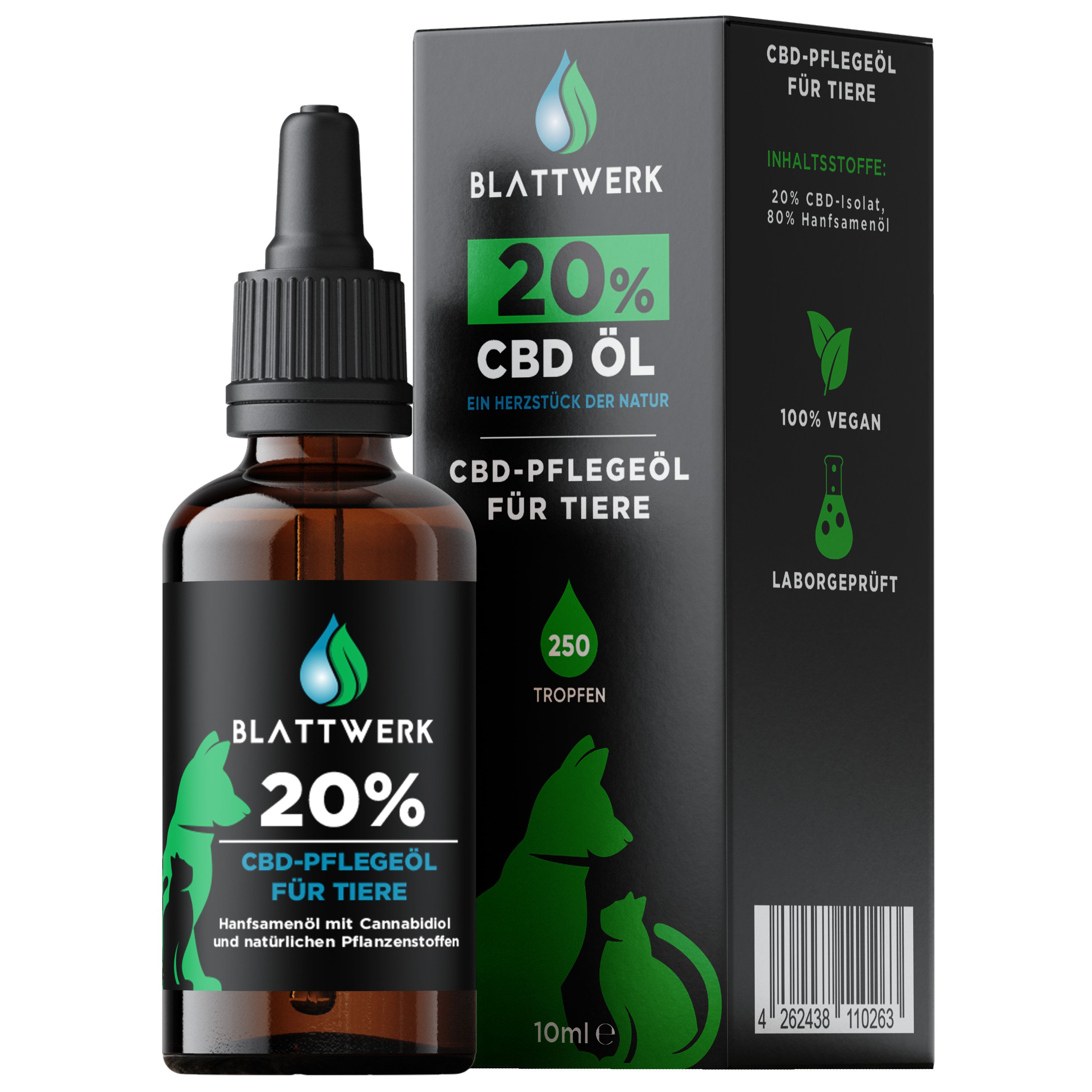 20% CBD Öl für Hunde & Katzen - Deutsche Qualität - CBD Öl Hund - 10ml - 250 CBD Tropfen - BLATTWERK
