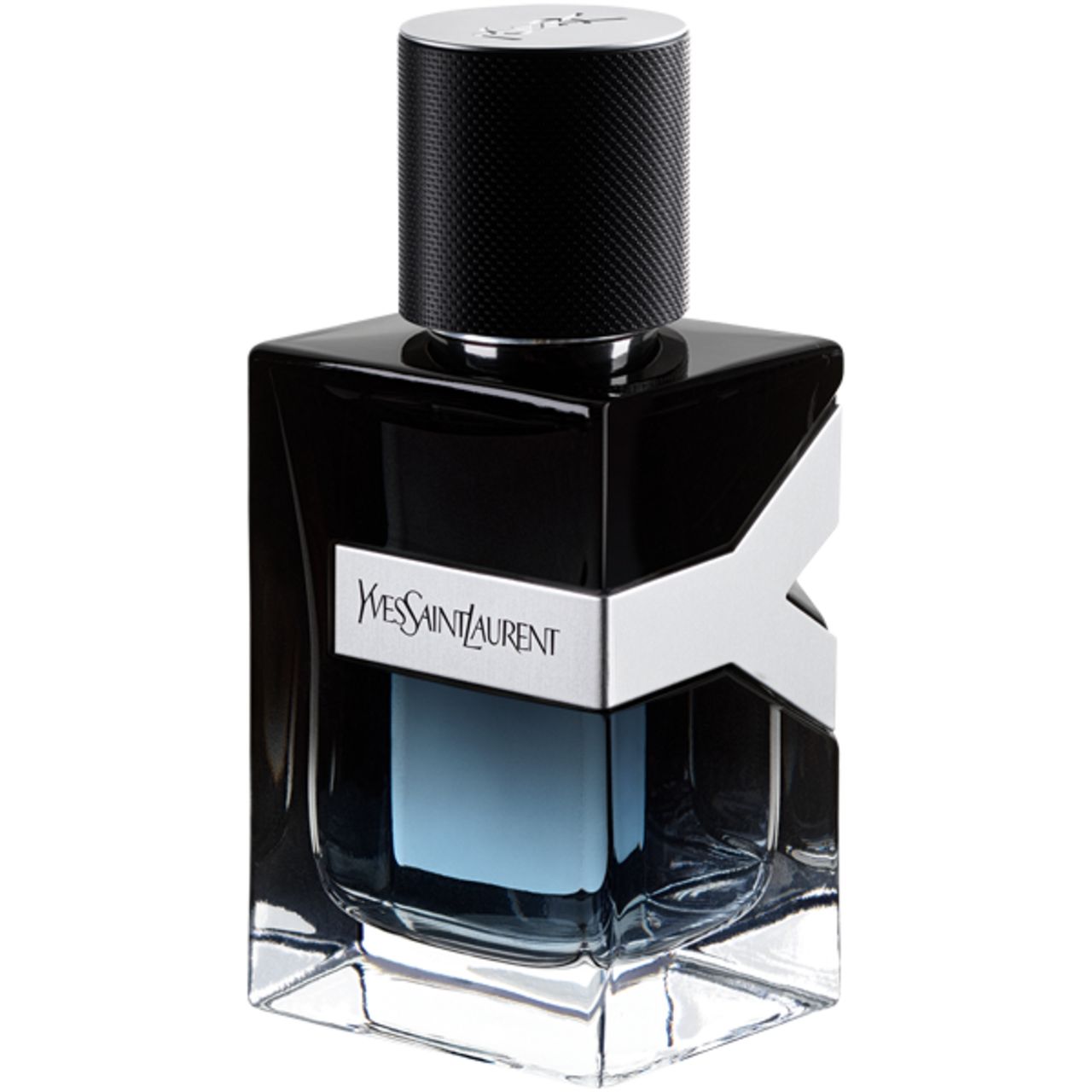 Flakon mit schwarzem Verschluss und silbernem Logo. Aufschrift: Yves Saint Laurent. Eckige Form, blaue Flüssigkeit sichtbar.