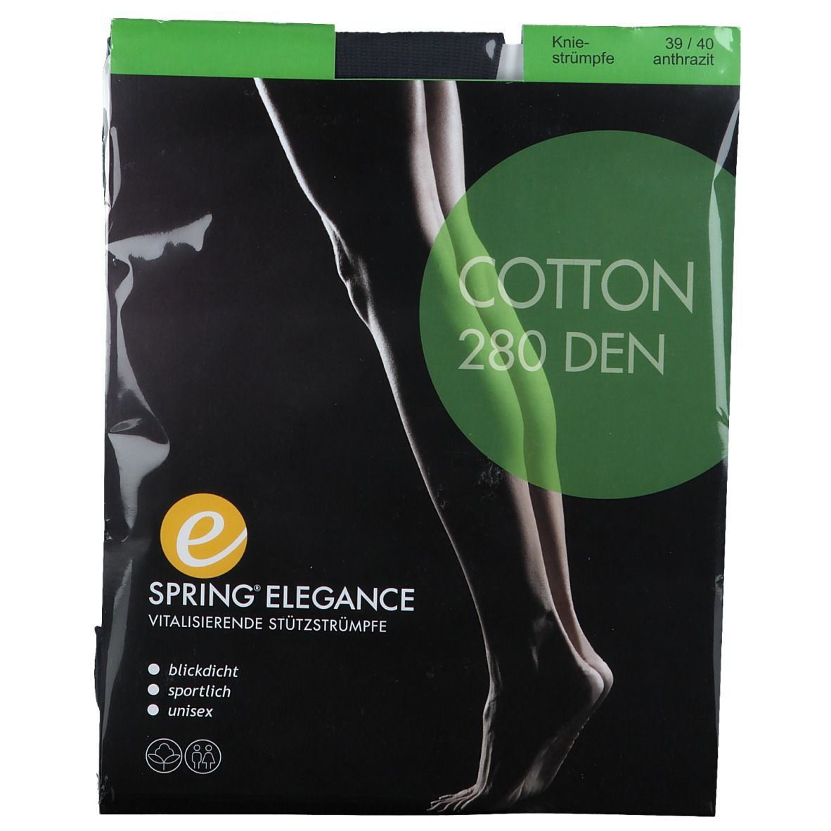 Verpackung mit Strümpfen. Schwarzer Hintergrund, grüne und gelbe Akzente. Text: SPRING® ELEGANCE, Cotton 280 DEN, Gr. 39/40, anthrazit.
