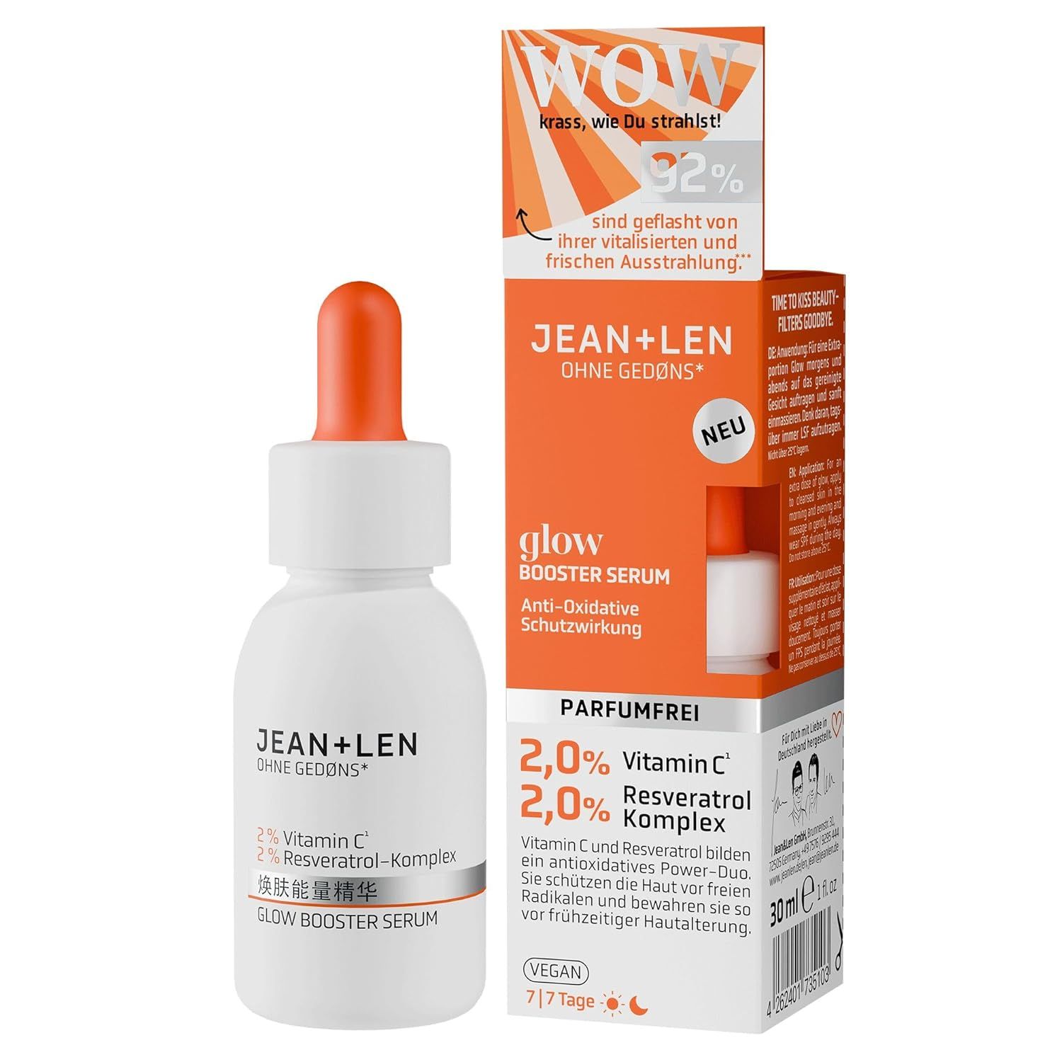 Serumflasche und Verpackung. Aufschrift: JEAN+LEN Glow Booster Serum, 2,0% Vitamin C, 2,0% Resveratrol-Komplex. Vegan.