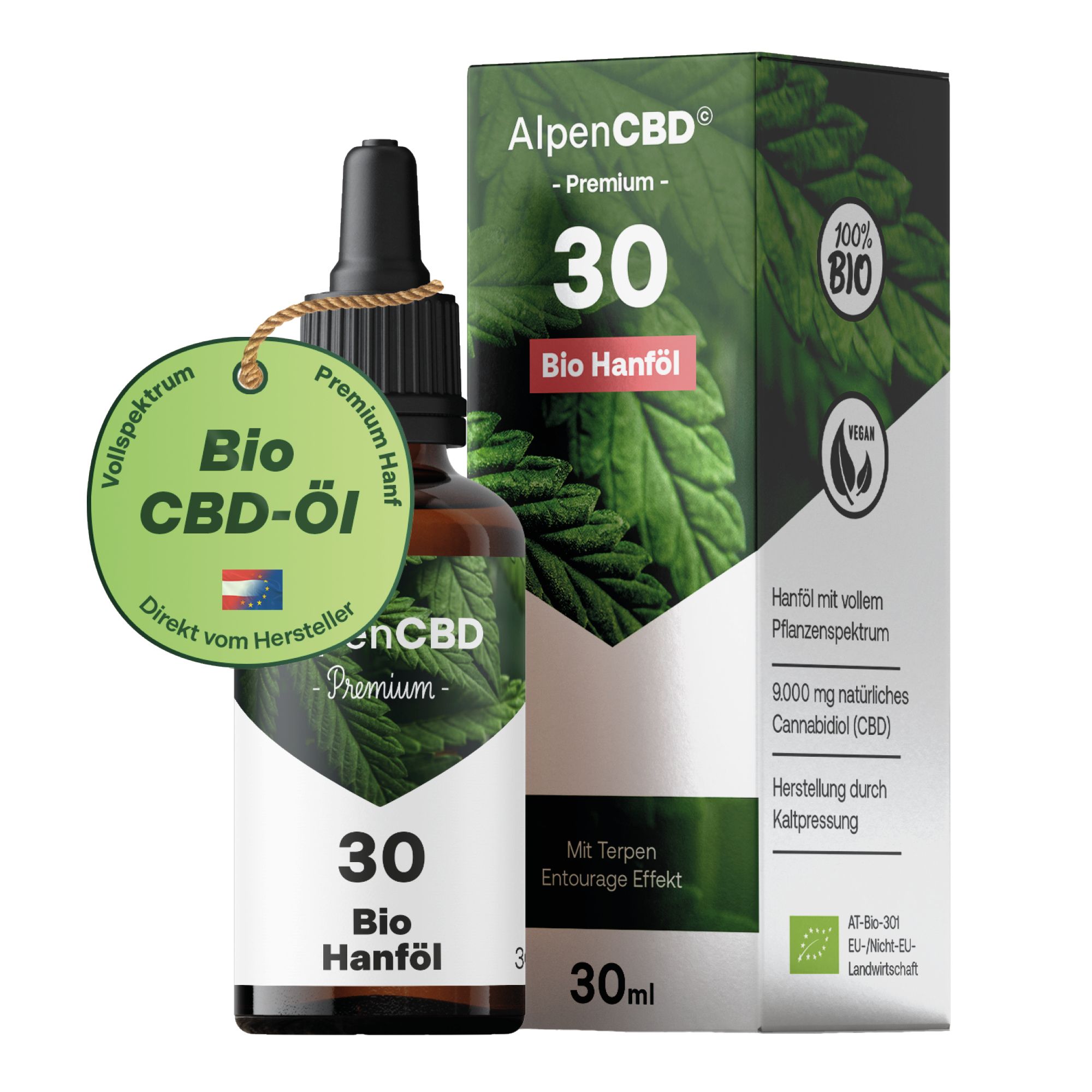 Braune Glasflasche mit Tropfer und Etikett. Daneben Karton mit Text: Bio CBD-Öl, 30 Bio Hanföl. 30ml.