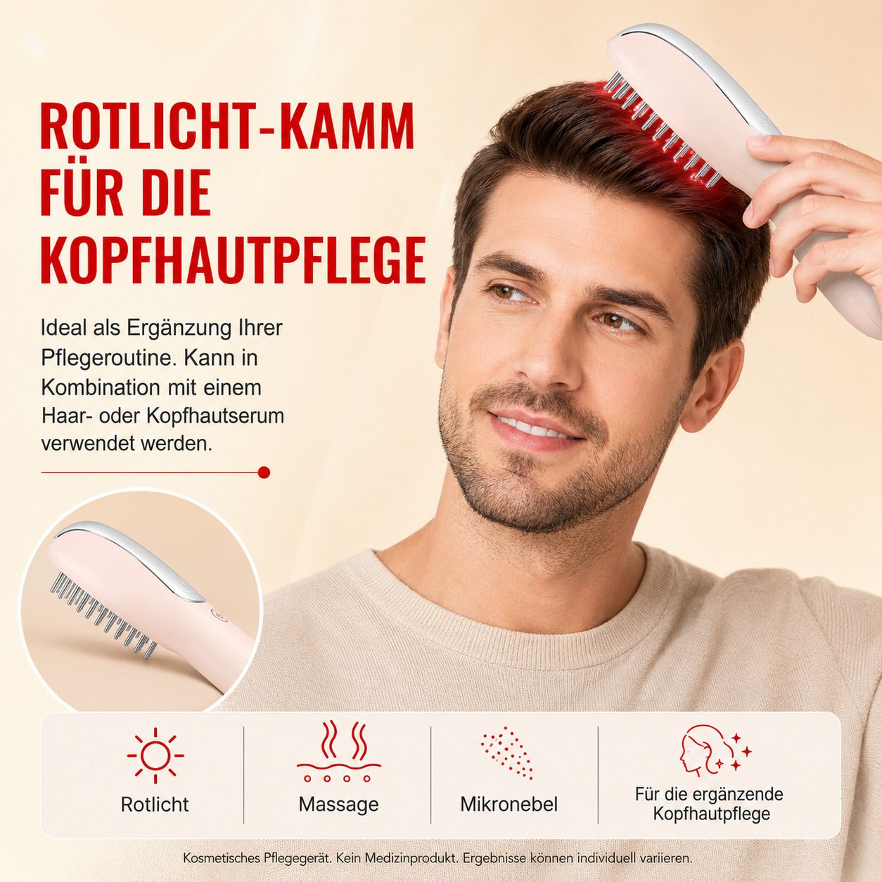Rote Licht-Kopfhautbürste zur Ergänzung der Pflegeroutine, mit Mikronebel.
