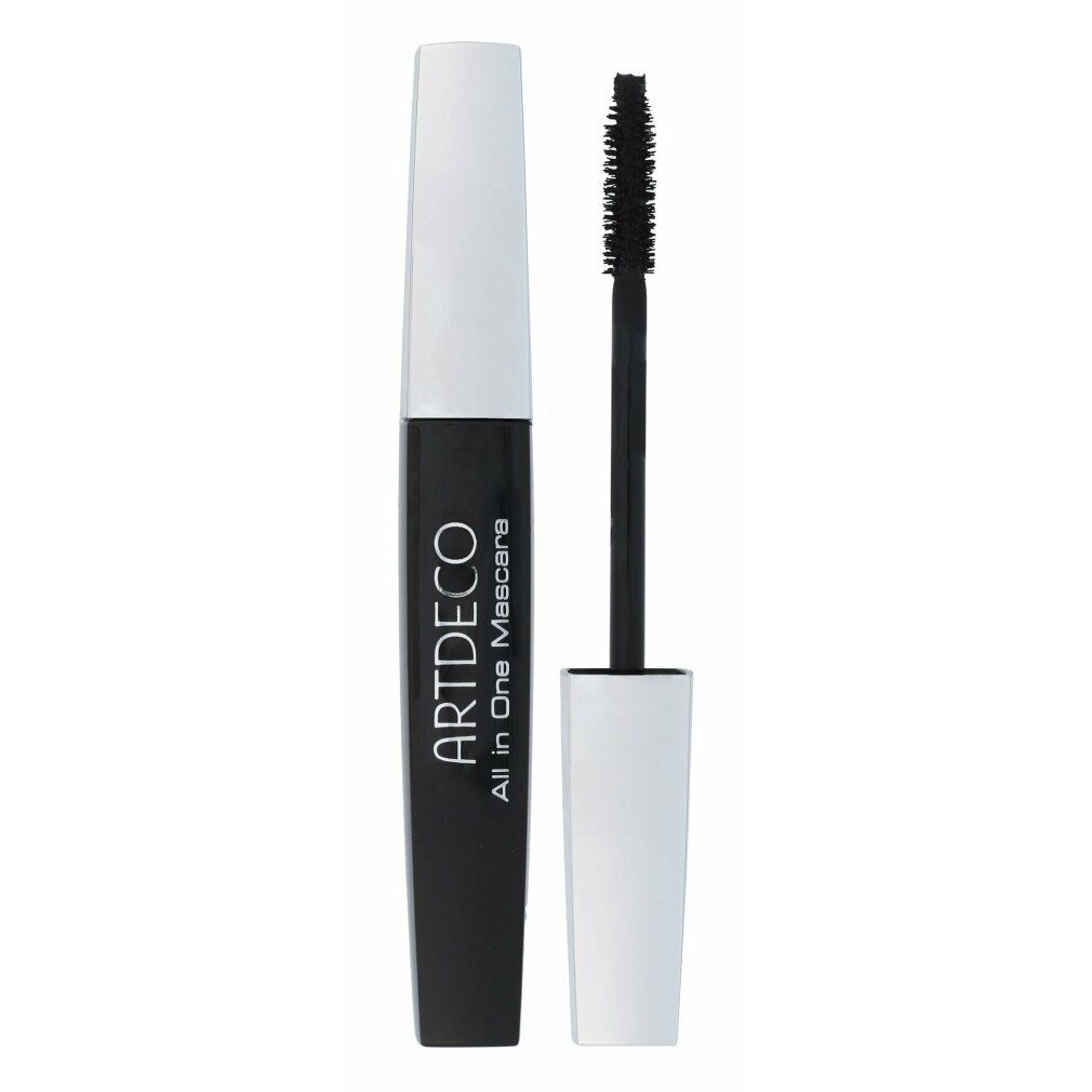 Schwarze Mascara mit weißer Kappe und Bürste. Produktname: Artdeco All in One Mascara.