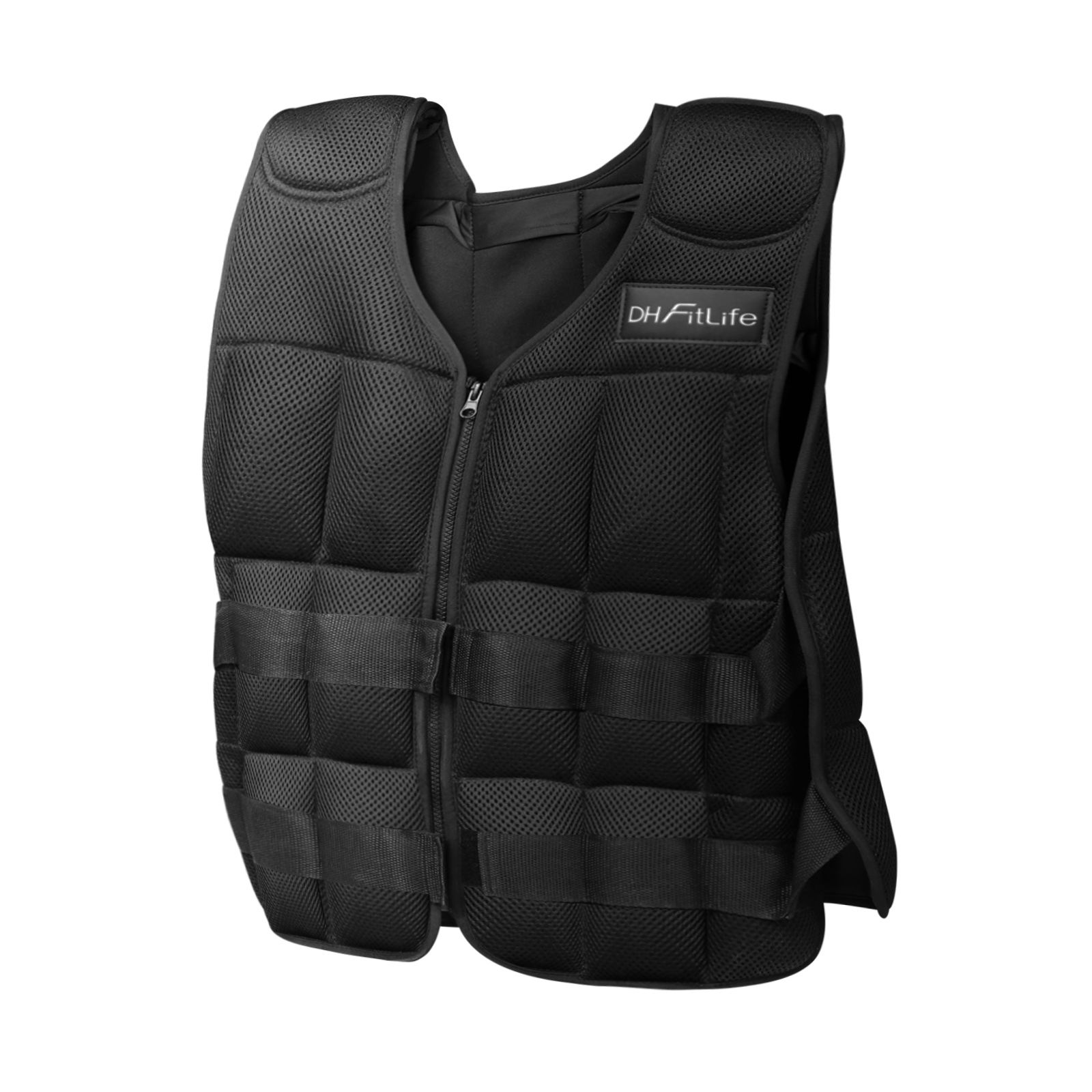 Schwarze Gewichtsweste mit Reißverschluss und Klettverschlüssen. Mesh-Material. DH FitLife Logo.
