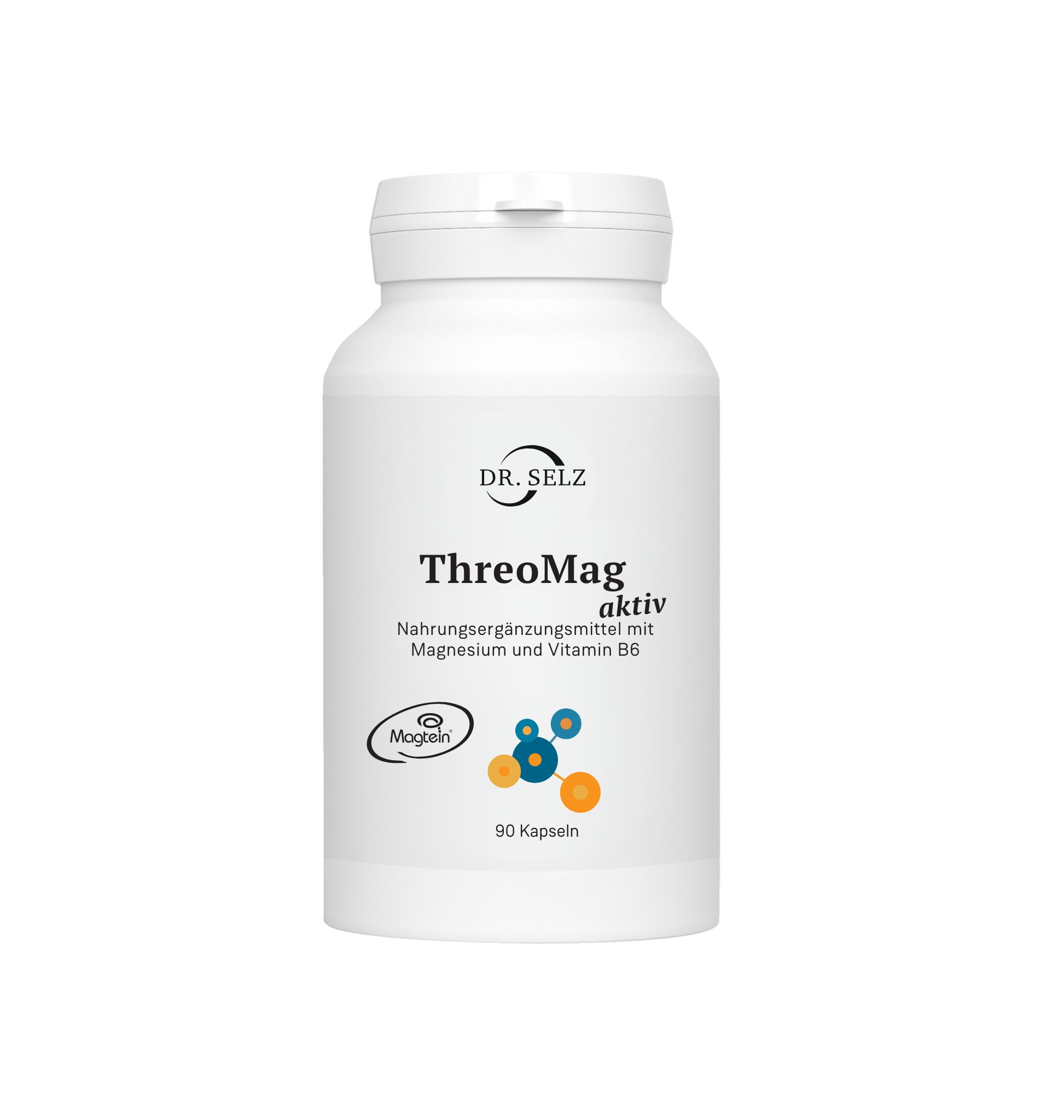 Weiße Flasche mit Kapseln. Aufschrift: ThreoMag aktiv, Nahrungsergänzungsmittel mit Magnesium und Vitamin B6. 90 Kapseln.