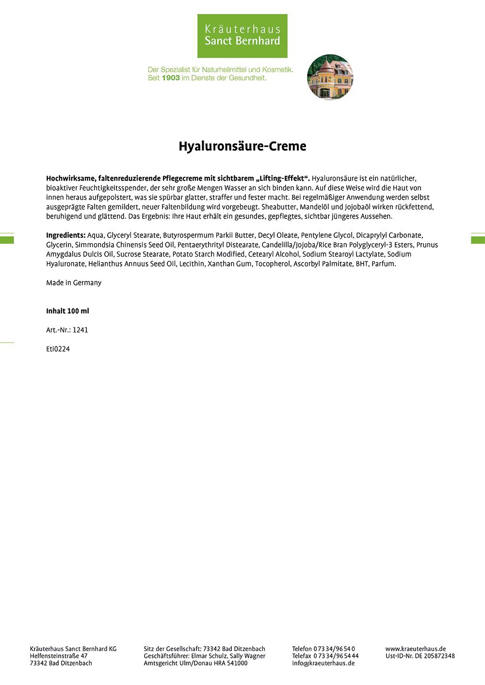 Sanct Bernhard Hyaluronsäure-Creme
