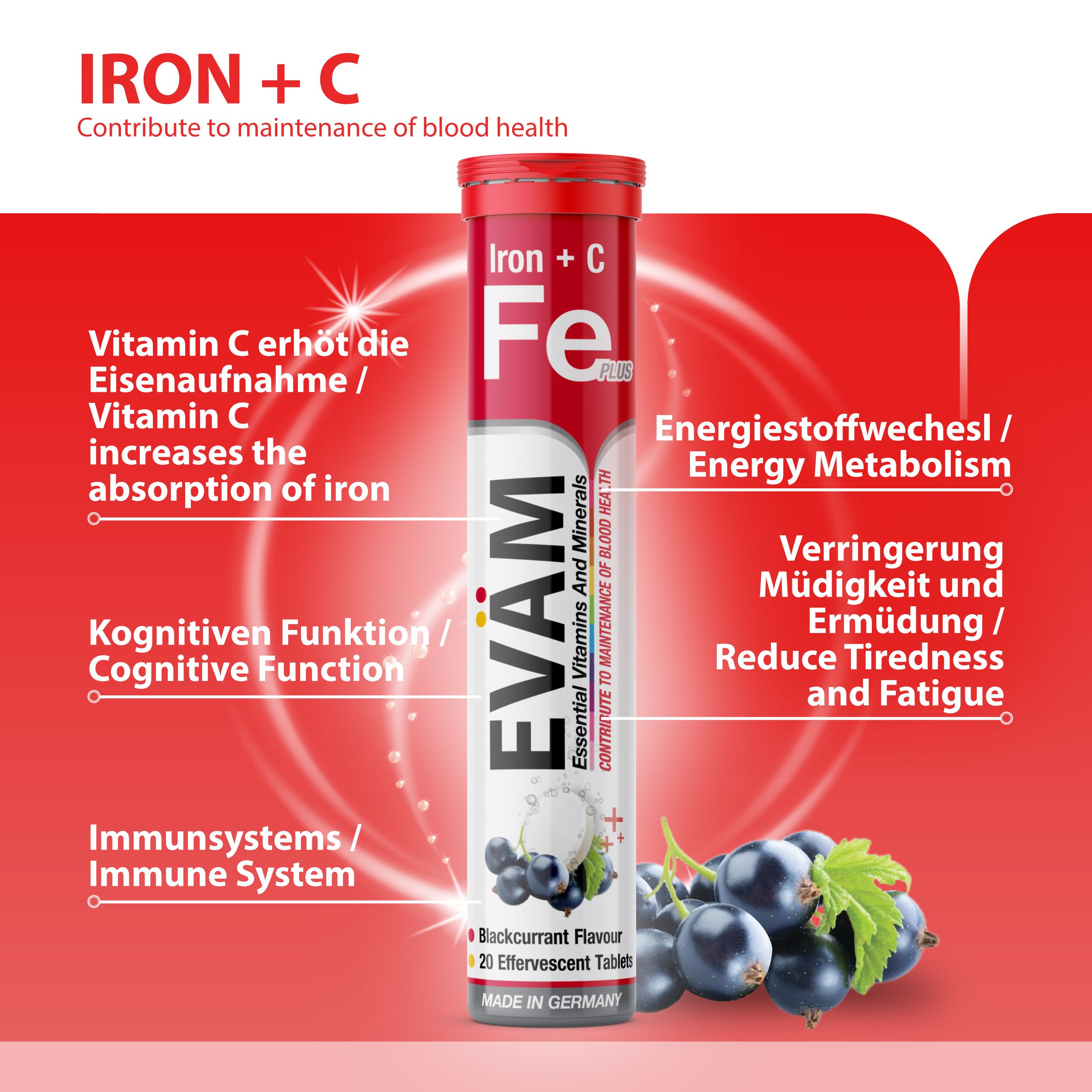 Rote Verpackung mit Produkt und Informationen. Enthält Informationen zu Vitamin C, Eisenaufnahme, kognitiver Funktion und Immunsystem.