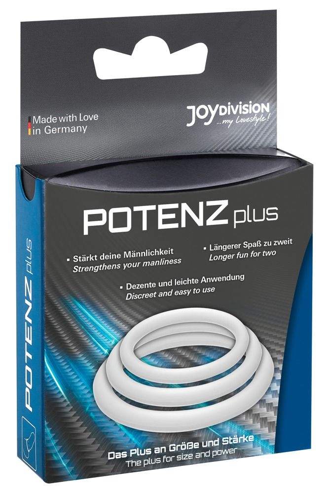 Verpackung mit drei weißen Ringen. Marke POTENZplus. Text auf Deutsch und Englisch.