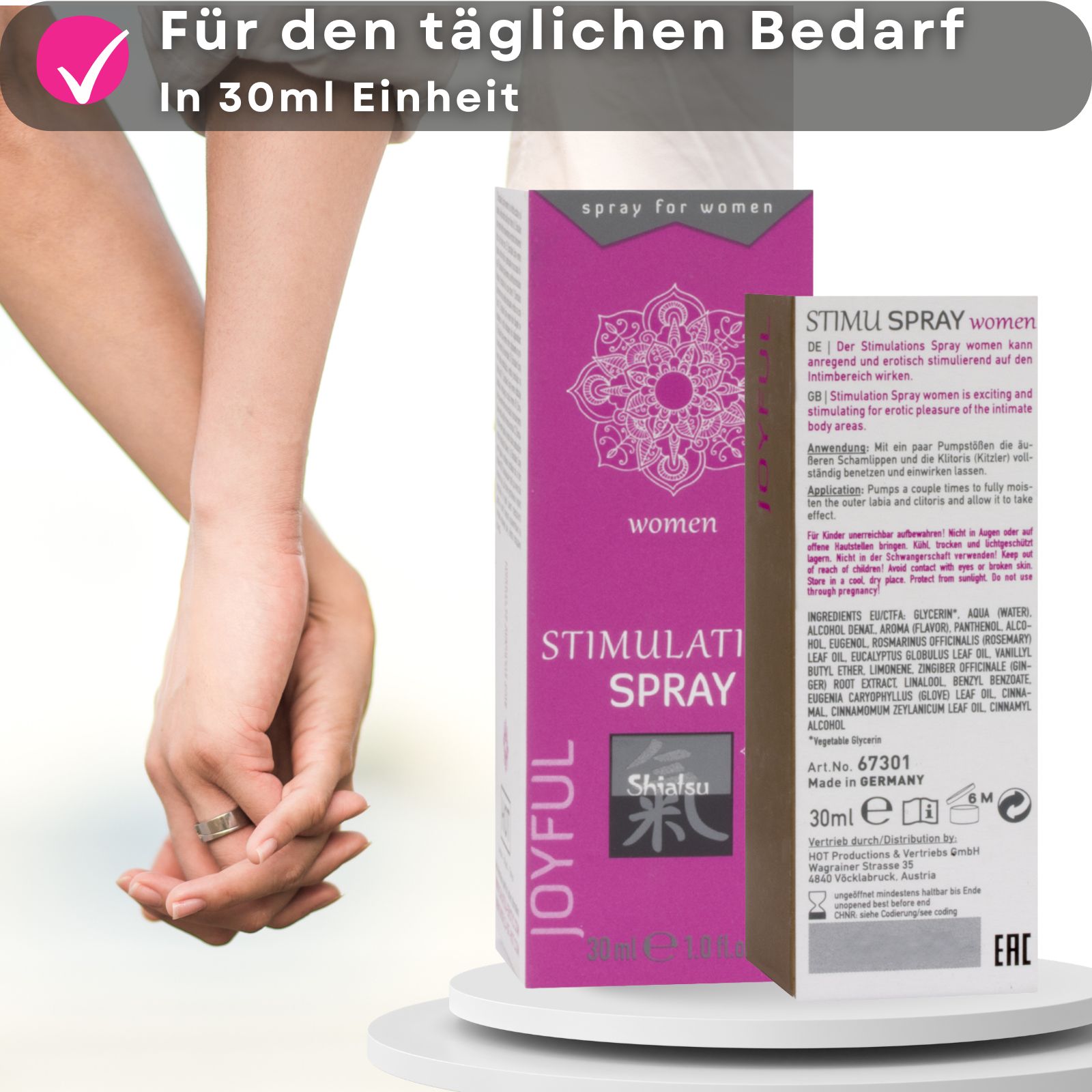 Goldfarbene Sprühflasche. Produktname und Shiatsu-Logo. 30 ml.