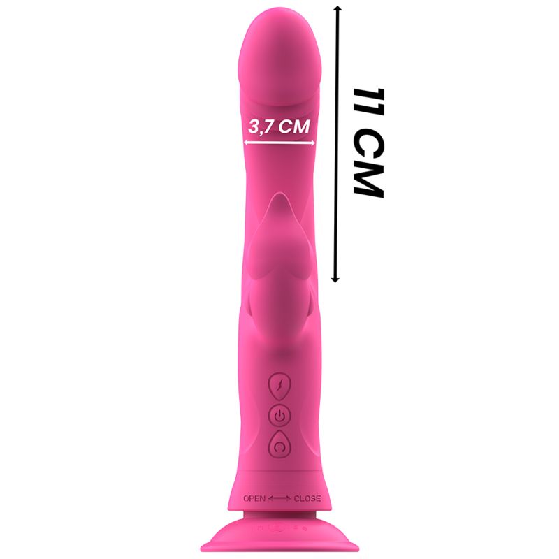 Rosa Vibrator mit gebogener Form. Maße: 11 cm hoch, 3,7 cm breit. Auf weißem Hintergrund.