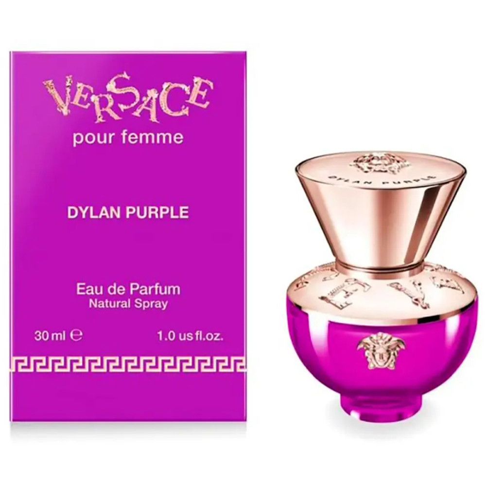 Violette Schachtel und Flakon. Auf der Schachtel: Versace, Dylan Purple, Eau de Parfum. Flakon mit goldfarbenem Deckel.