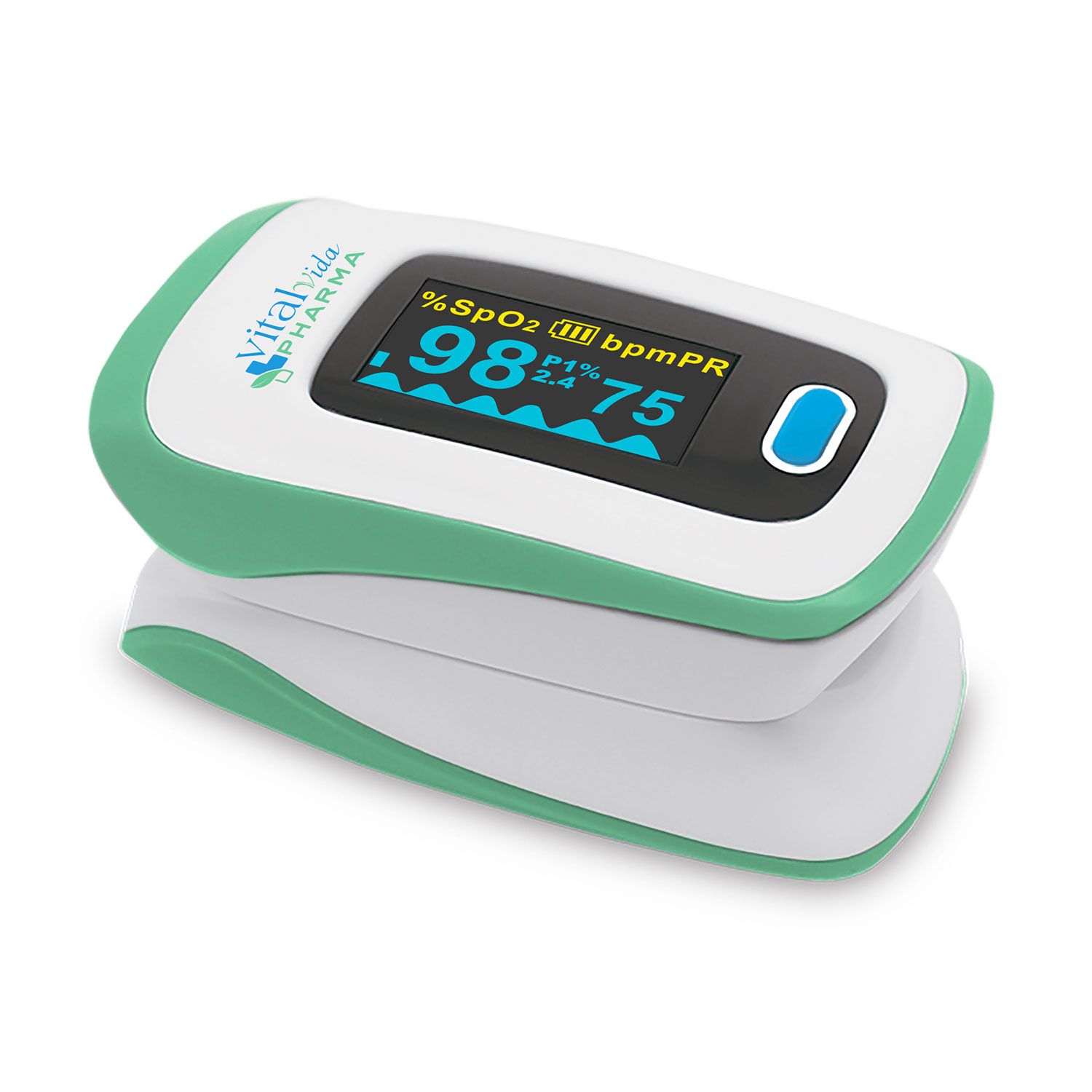Pulsoximeter mit Display. Anzeige von SpO2 und Pulsfrequenz. Grün-weißes Gehäuse. Marke: Vitalvida Pharma.