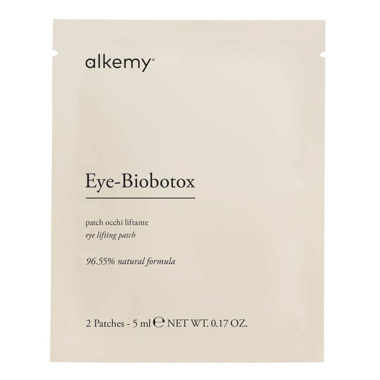 Vorderseite einer Alkemy Eye-Biobotox Augenpatch-Verpackung mit Produktinformationen.
